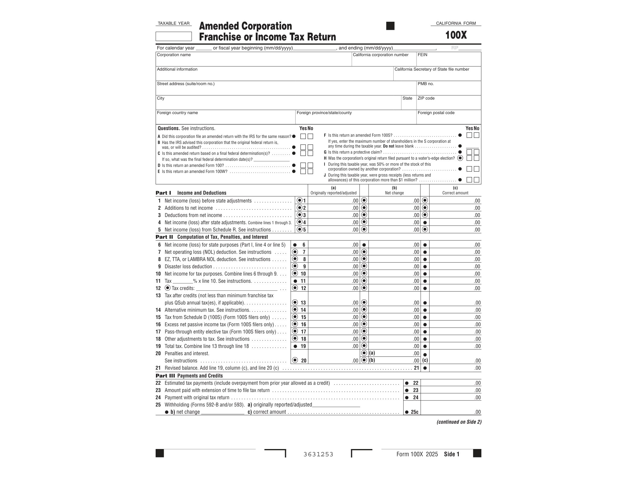 100X 2025 Form 100X Amended Corporation Franchise or Income Tax Return - official form preview, page 1