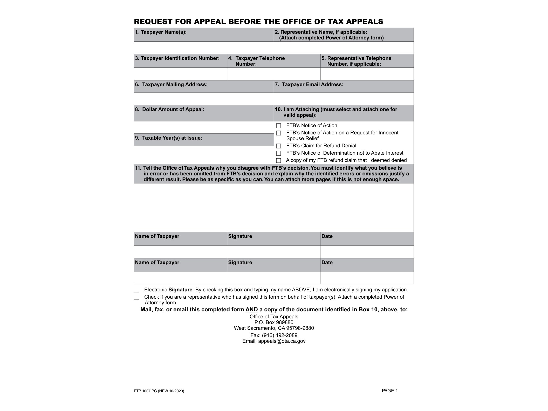1037 FTB 1037 PC REQUEST FOR APPEAL BEFORE THE OFFICE OF TAX APPEALS - official form preview, page 1