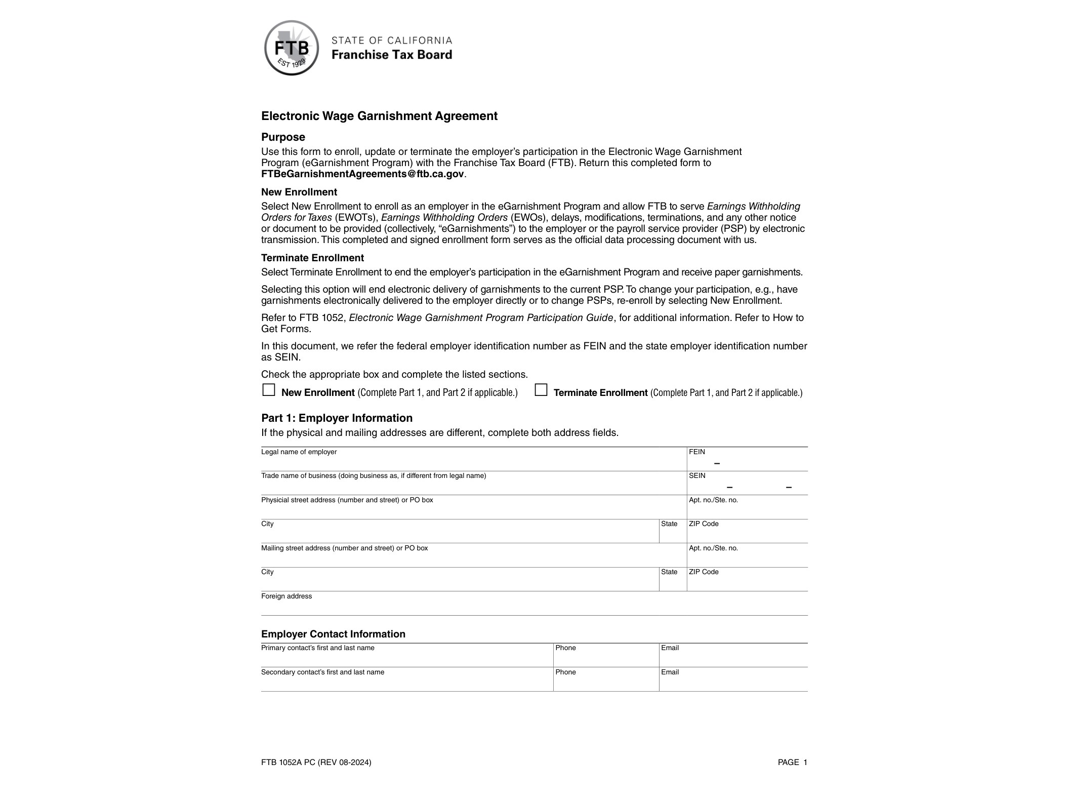 1052A FTB 1052A PC Electronic Wage Garnishment Agreement - official form preview, page 1
