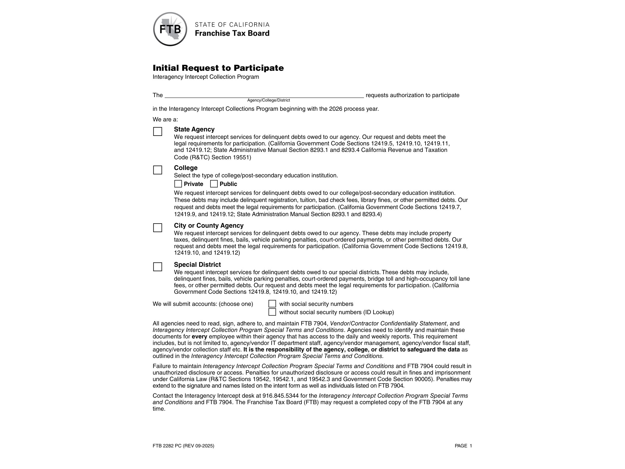 2282PC FTB 2282 PC (Rev 09-2025), Initial Request to Participate Interagency Intercept Collection Program - official form preview, page 1