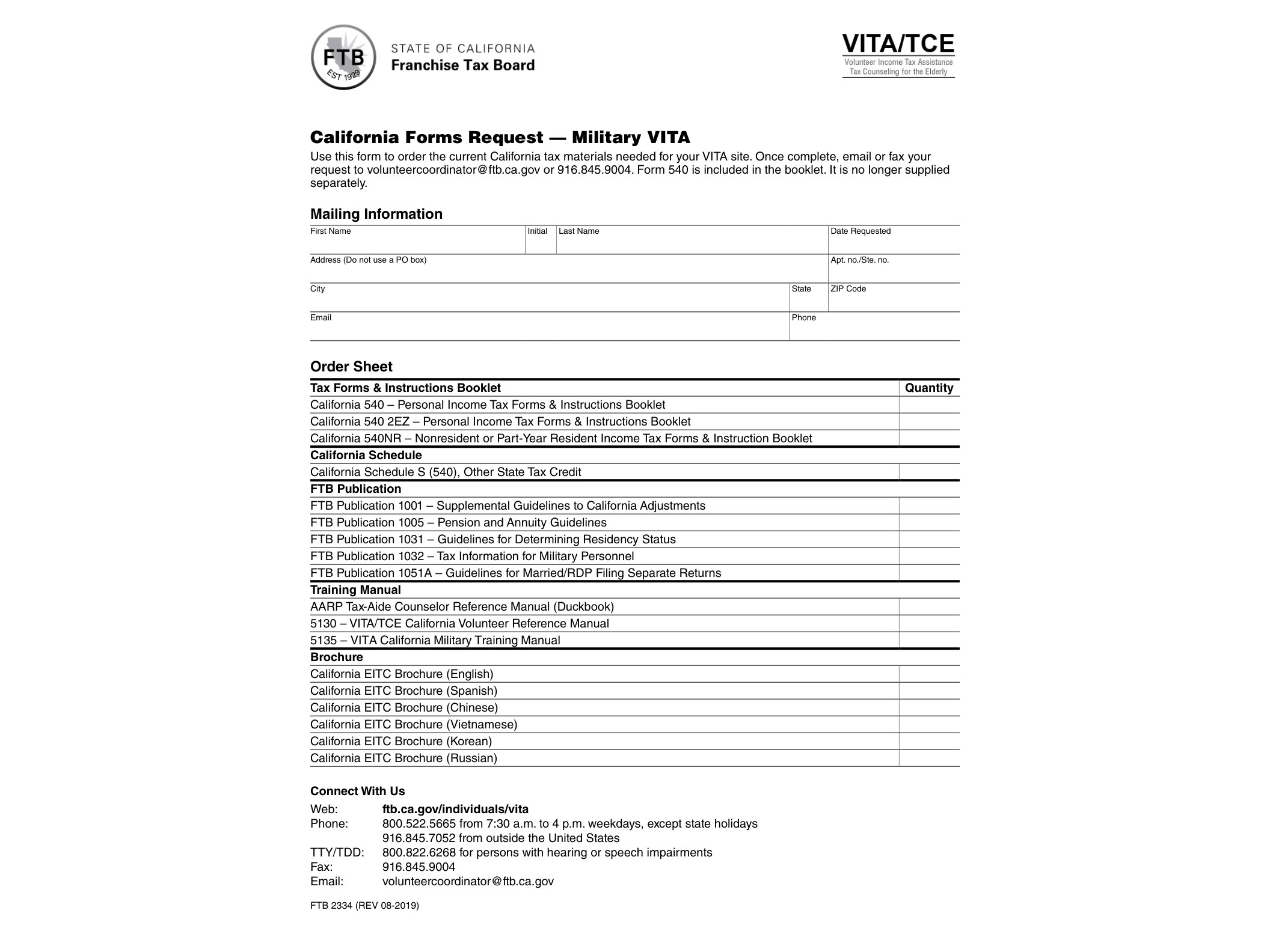 2334 FTB 2334 California Forms Request - Military VITA - official form preview, page 1