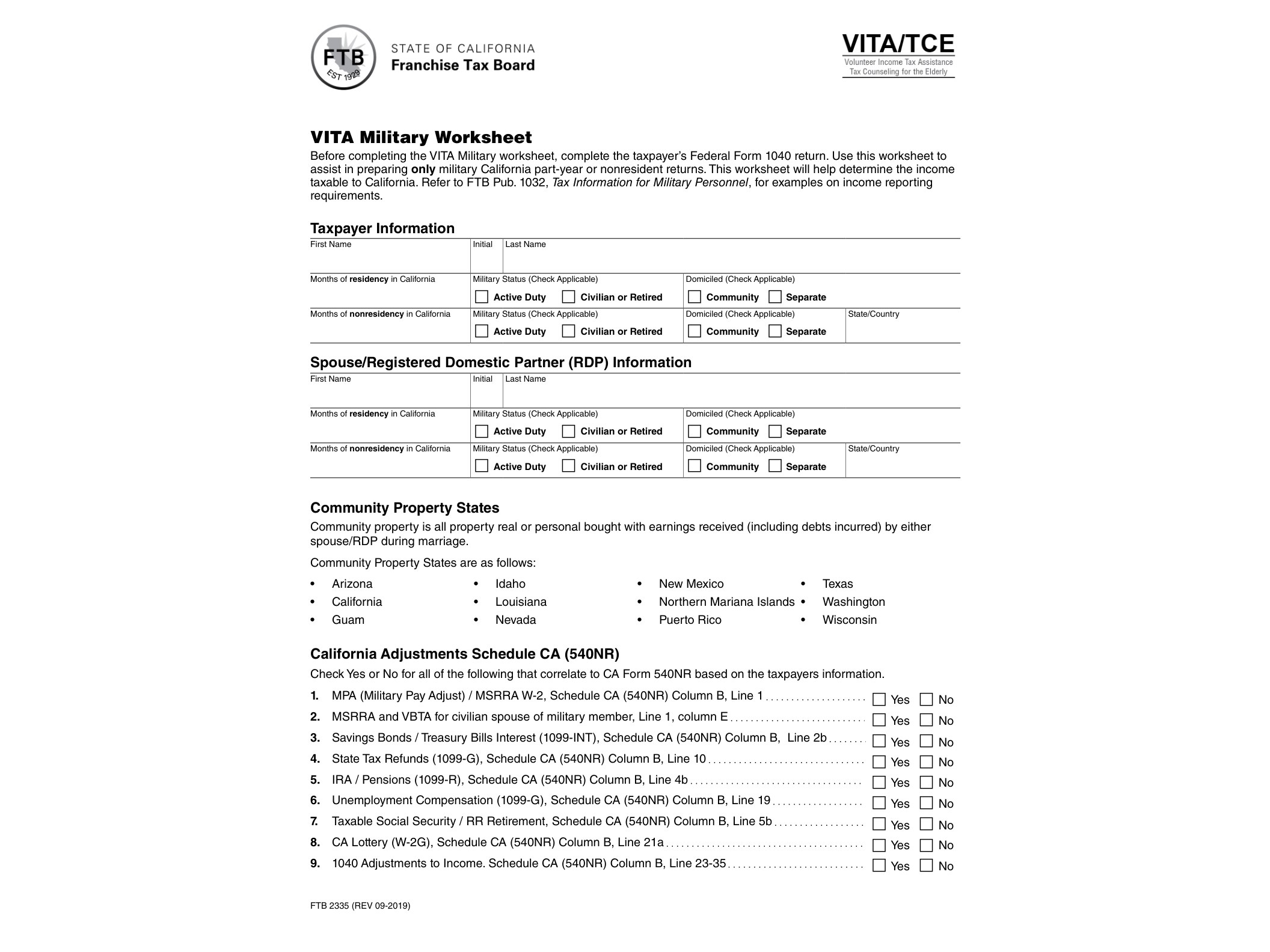 2335 FTB 2335 VITA Military Worksheet - official form preview, page 1