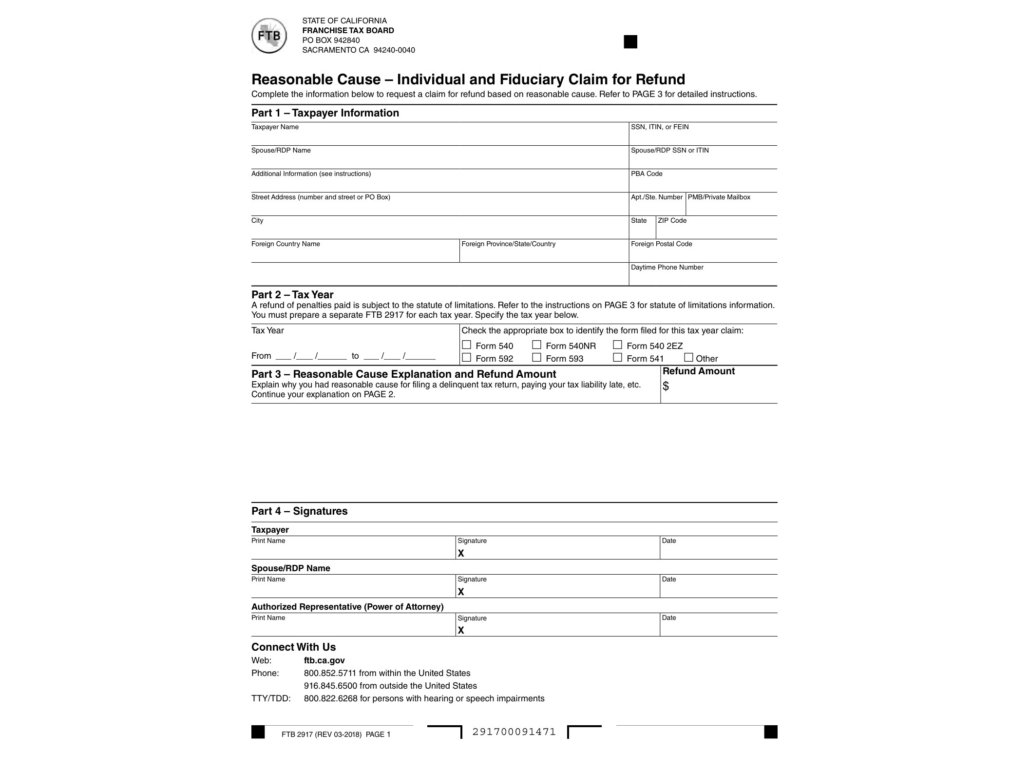 2917 FTB 2917 Reasonable Cause – Individual and Fiduciary Claim for Refund - official form preview, page 1