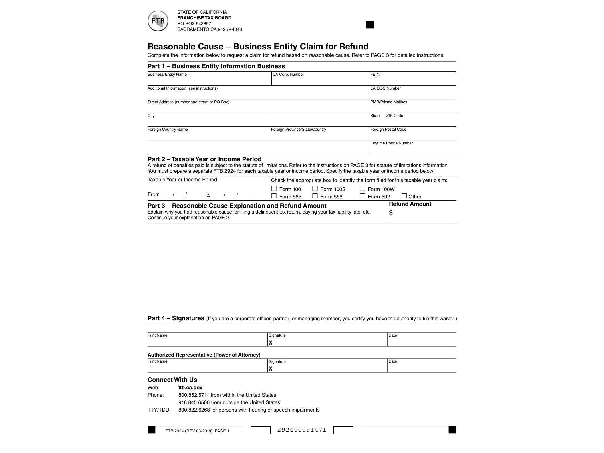 2924 FTB 2924 Reasonable Cause – Business Entity Claim for Refund - official form preview, page 1