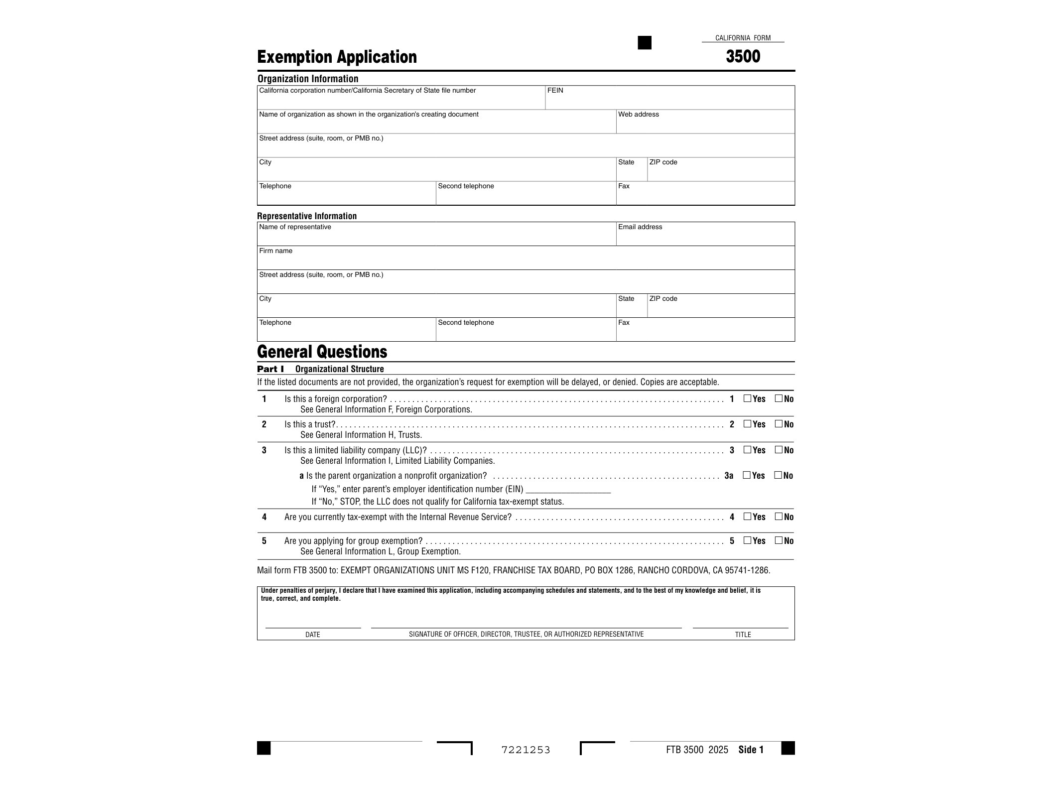 3500 2025 California Form 3500 Exemption Application - official form preview, page 1