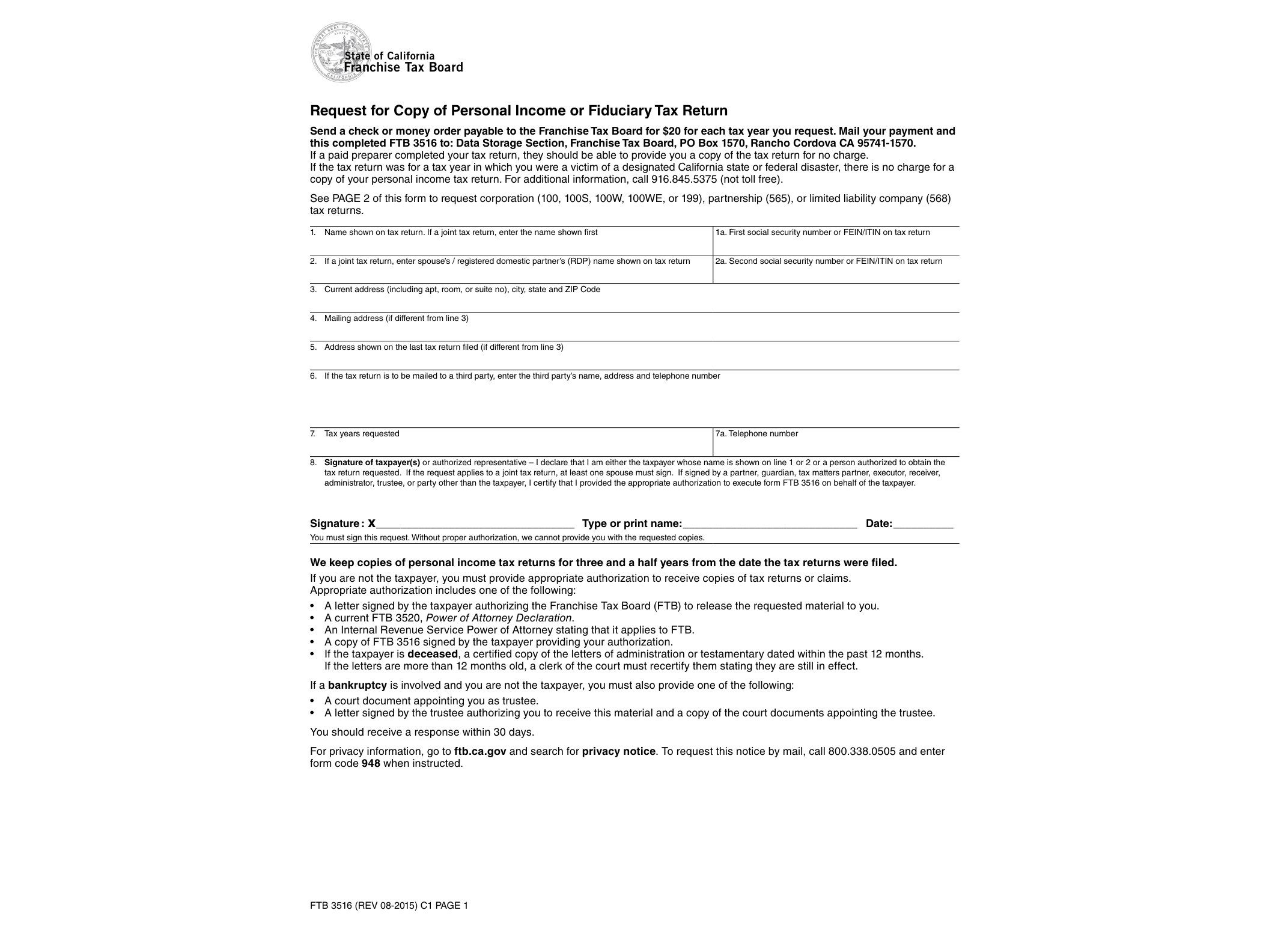 3516 FTB 3516 - Request for Copy of Personal Income or Fiduciary Tax Return - official form preview, page 1