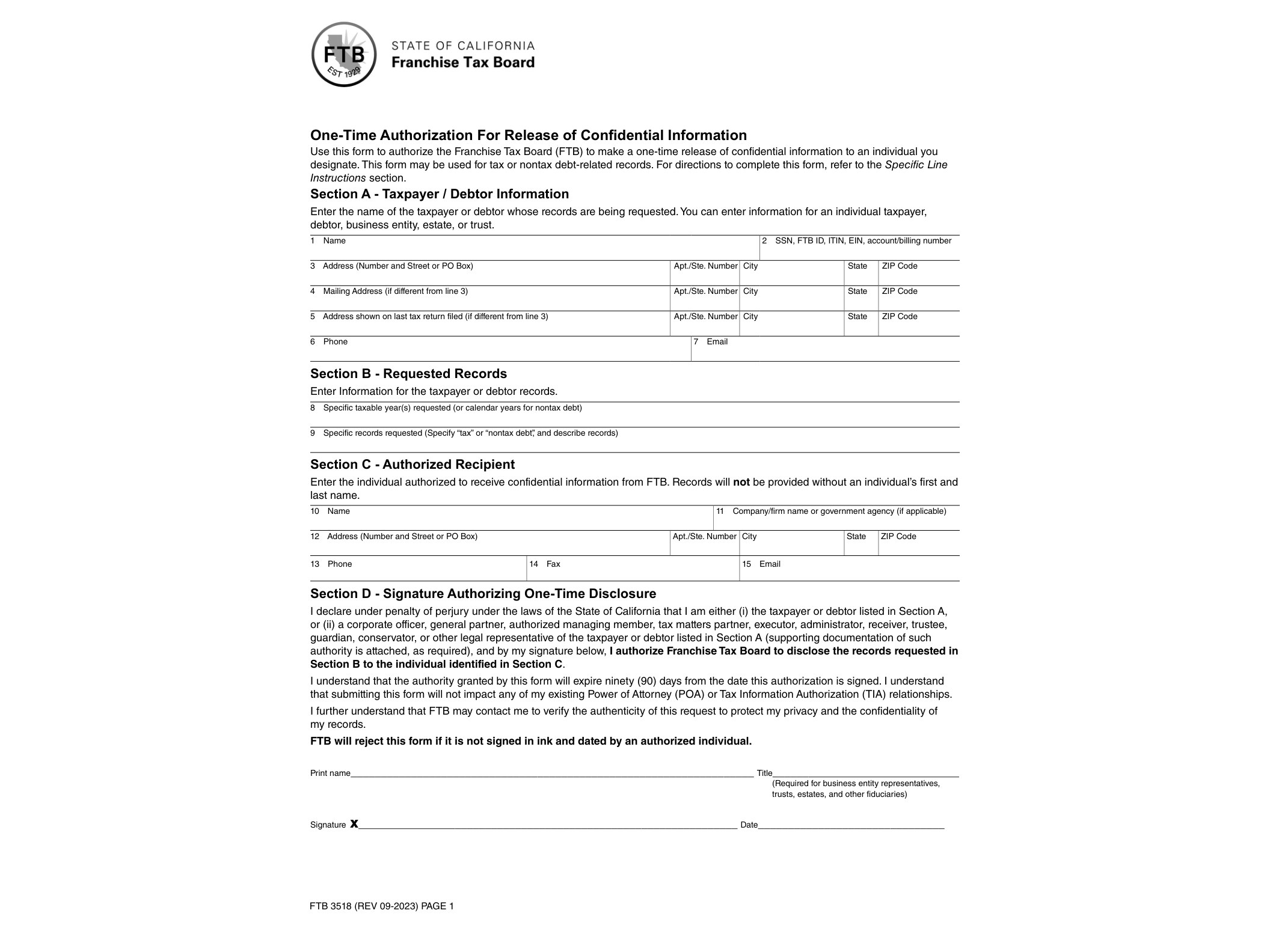 3518 FTB 3518 One-Time Authorization For Release of Confidential Information (REV 09-2023) - official form preview, page 1