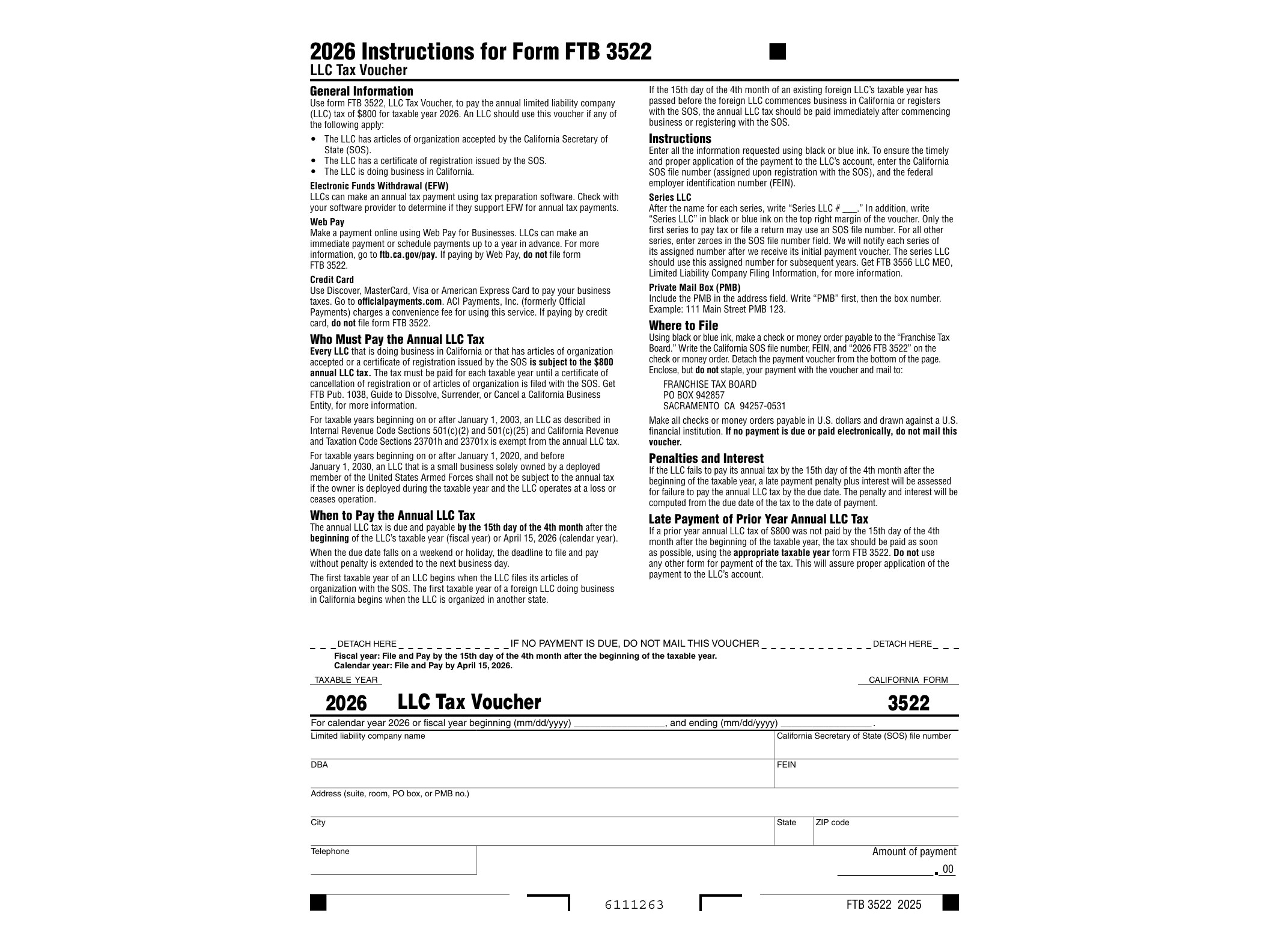 3522 2023 Instructions for Form FTB 3522 LLC Tax Voucher - official form preview, page 1
