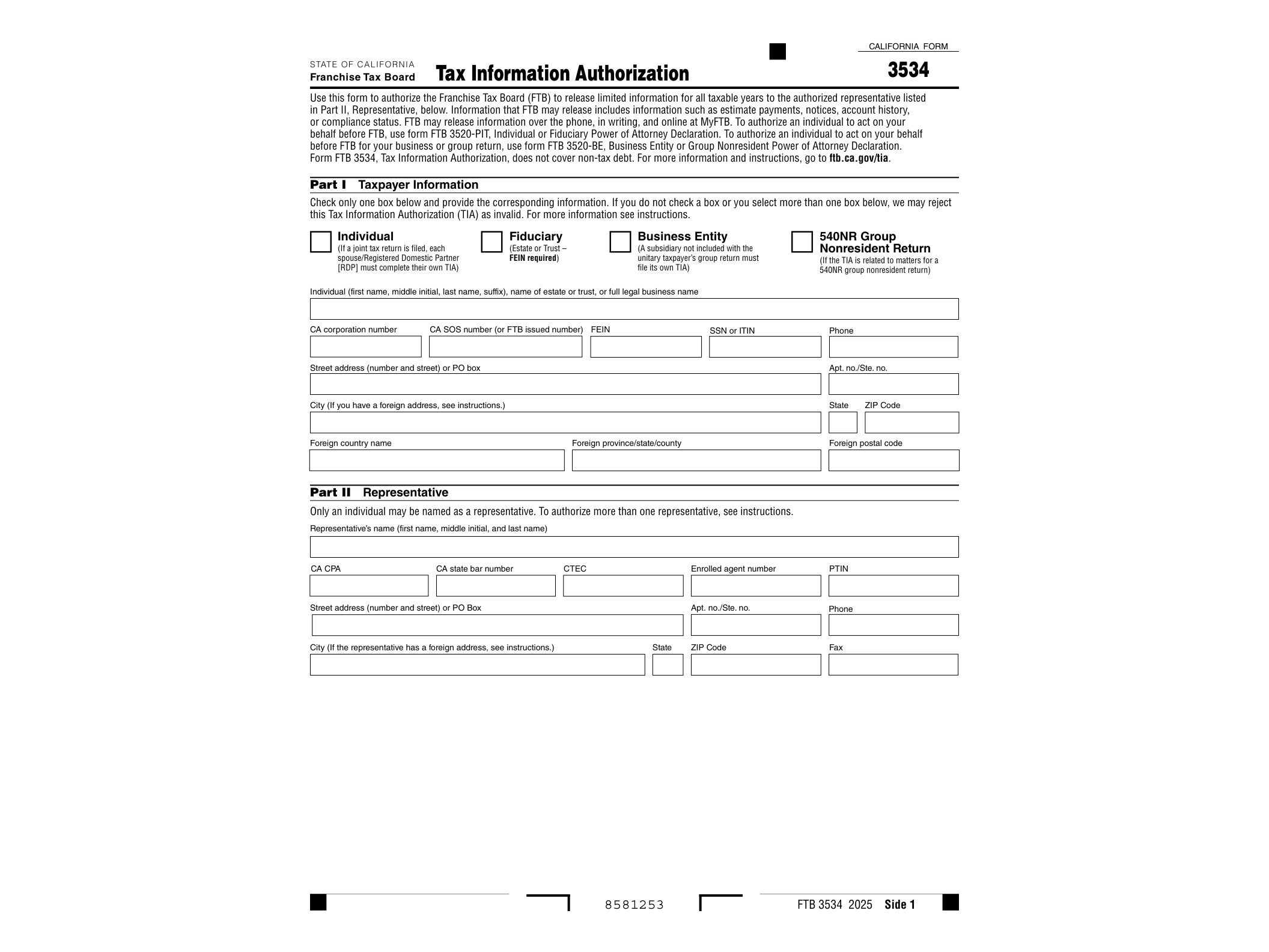 3534 2025 California Form 3534 Tax Information Authorization - official form preview, page 1