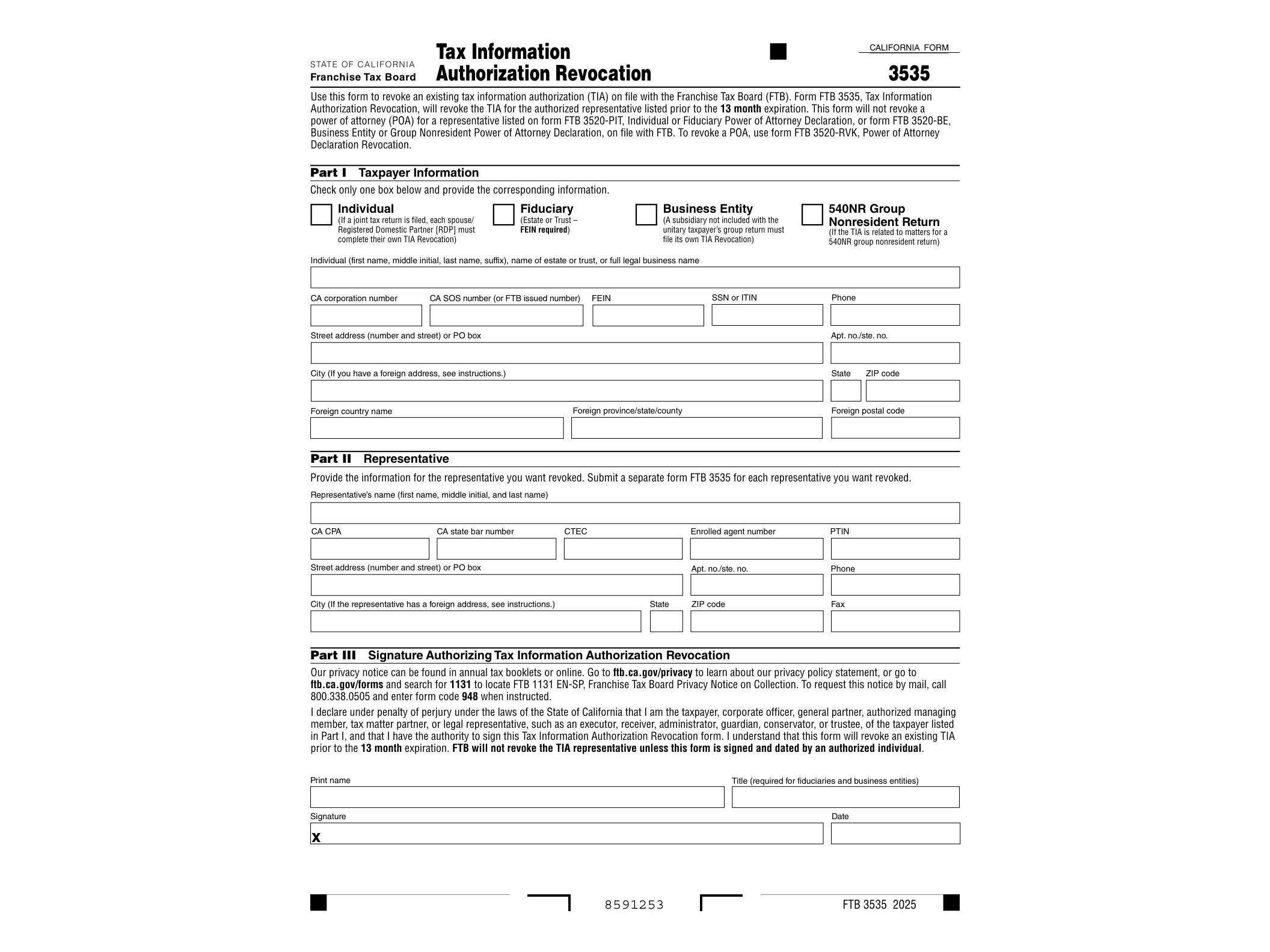 3535 2025 FTB 3535 Tax Information Authorization Revocation - official form preview, page 1