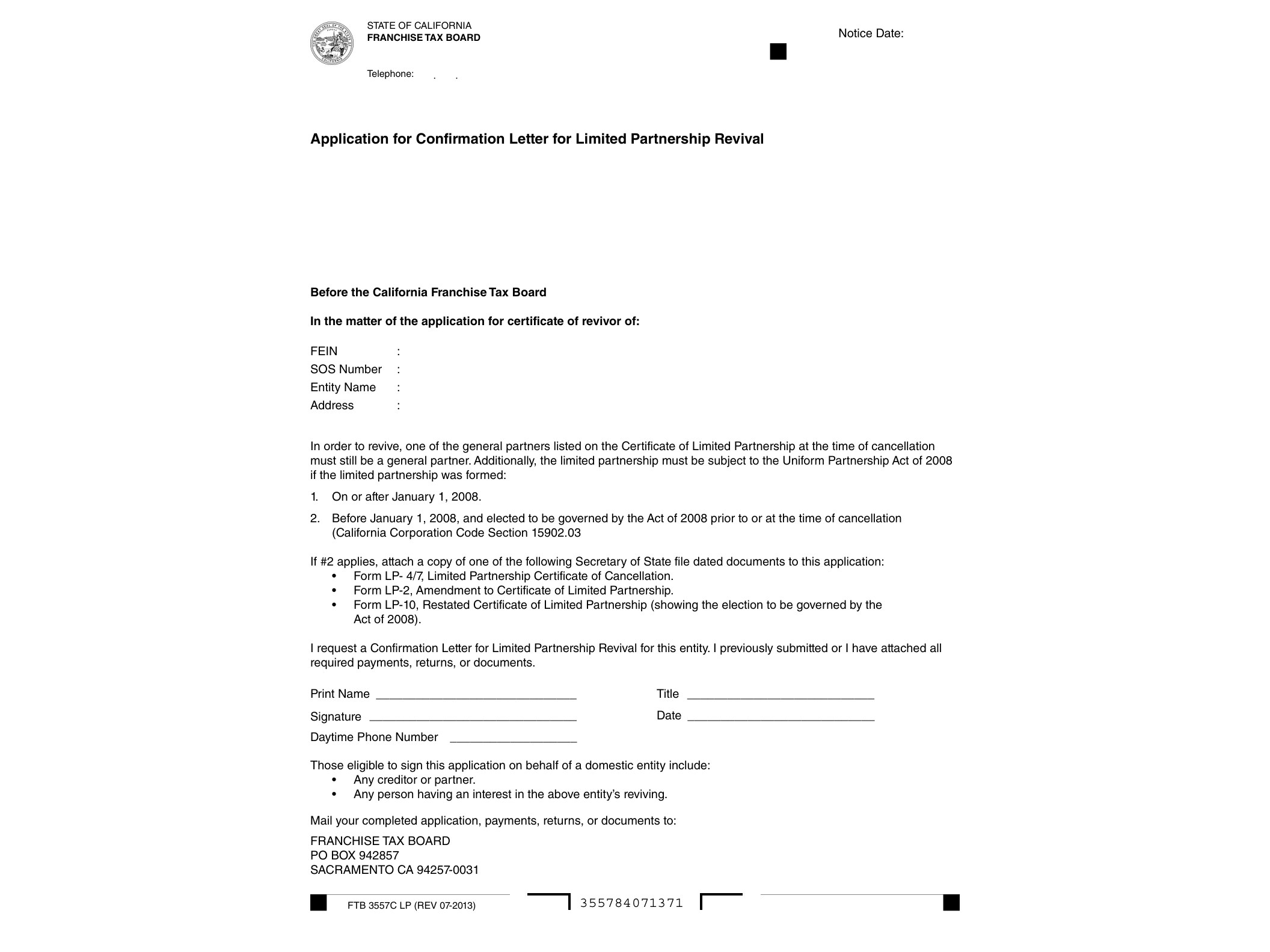3557C Application for Confirmation Letter for Limited Partnership Revival - official form preview, page 1