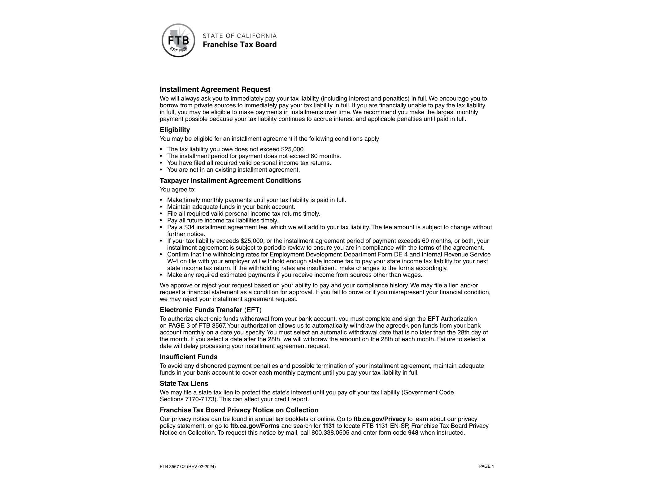 3567 FTB 3567 Installment Agreement Request - official form preview, page 1