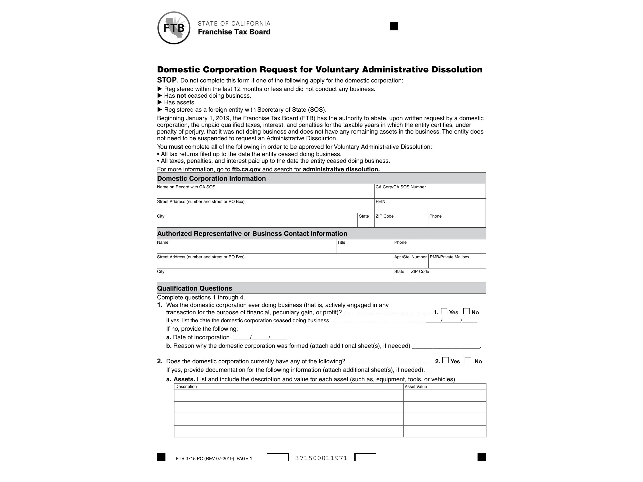 3715 FTB 3715 Domestic Corporation Request for Voluntary Administrative Dissolution - official form preview, page 1