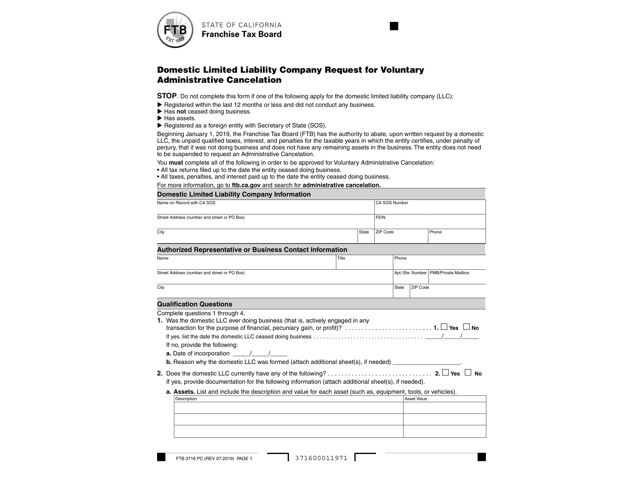 3716 FTB 3716 Domestic Limited Liability Company Request for Voluntary Administrative Cancelation - official form preview, page 1