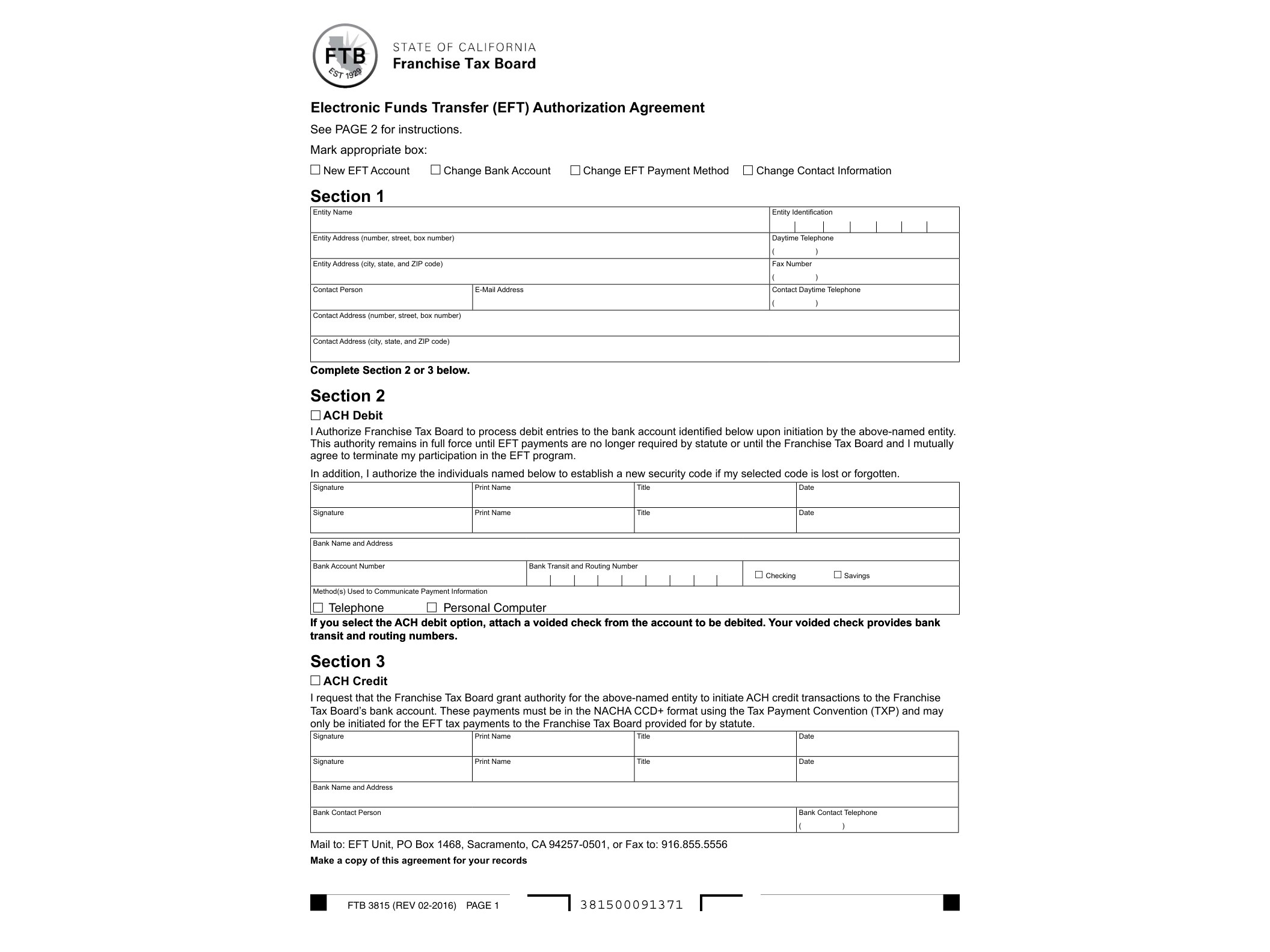 3815 FTB 3815 Electronic Funds Transfer (EFT) Authorization Agreement (REV 02-2016) - official form preview, page 1