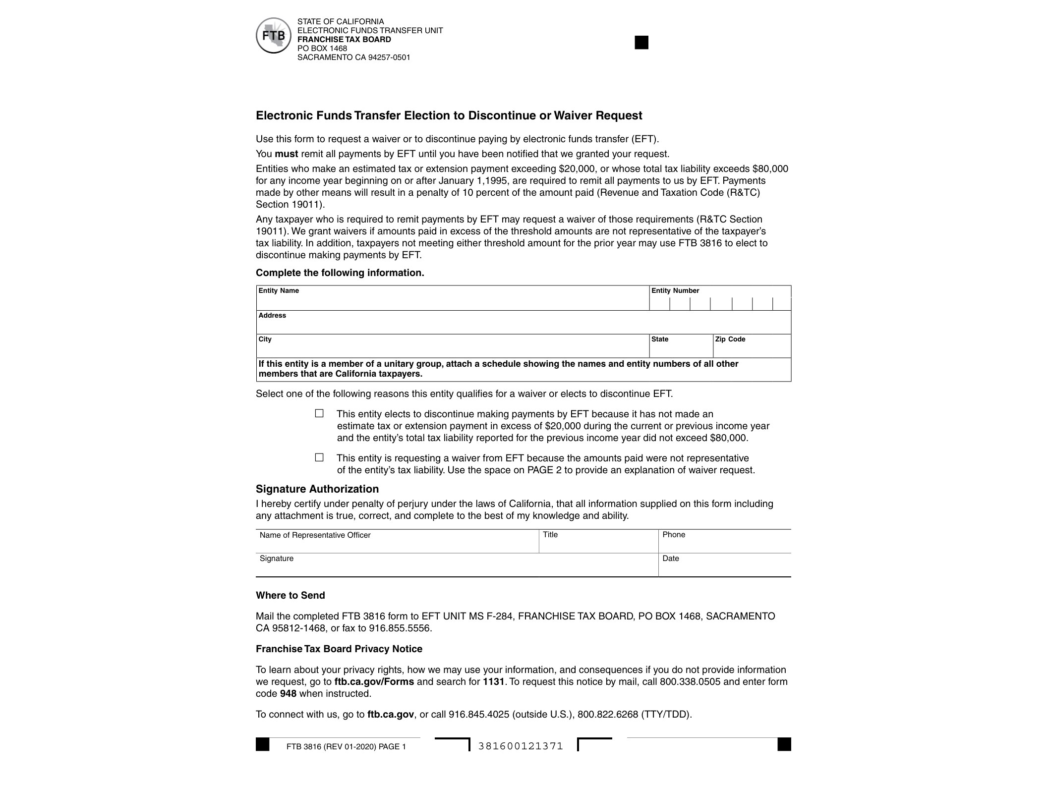 3816 Electronic Funds Transfer Election to Discontinue or Waiver Request - official form preview, page 1