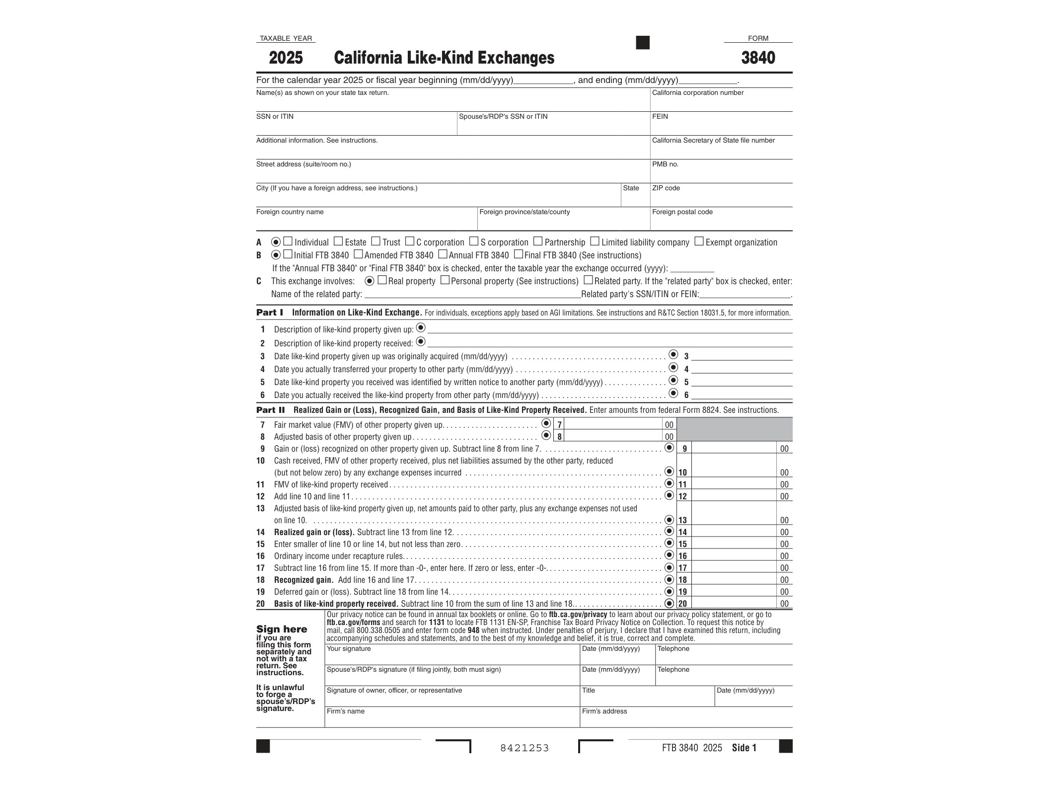 3840 2019 California Form 3840 California Like-Kind Exchanges - official form preview, page 1
