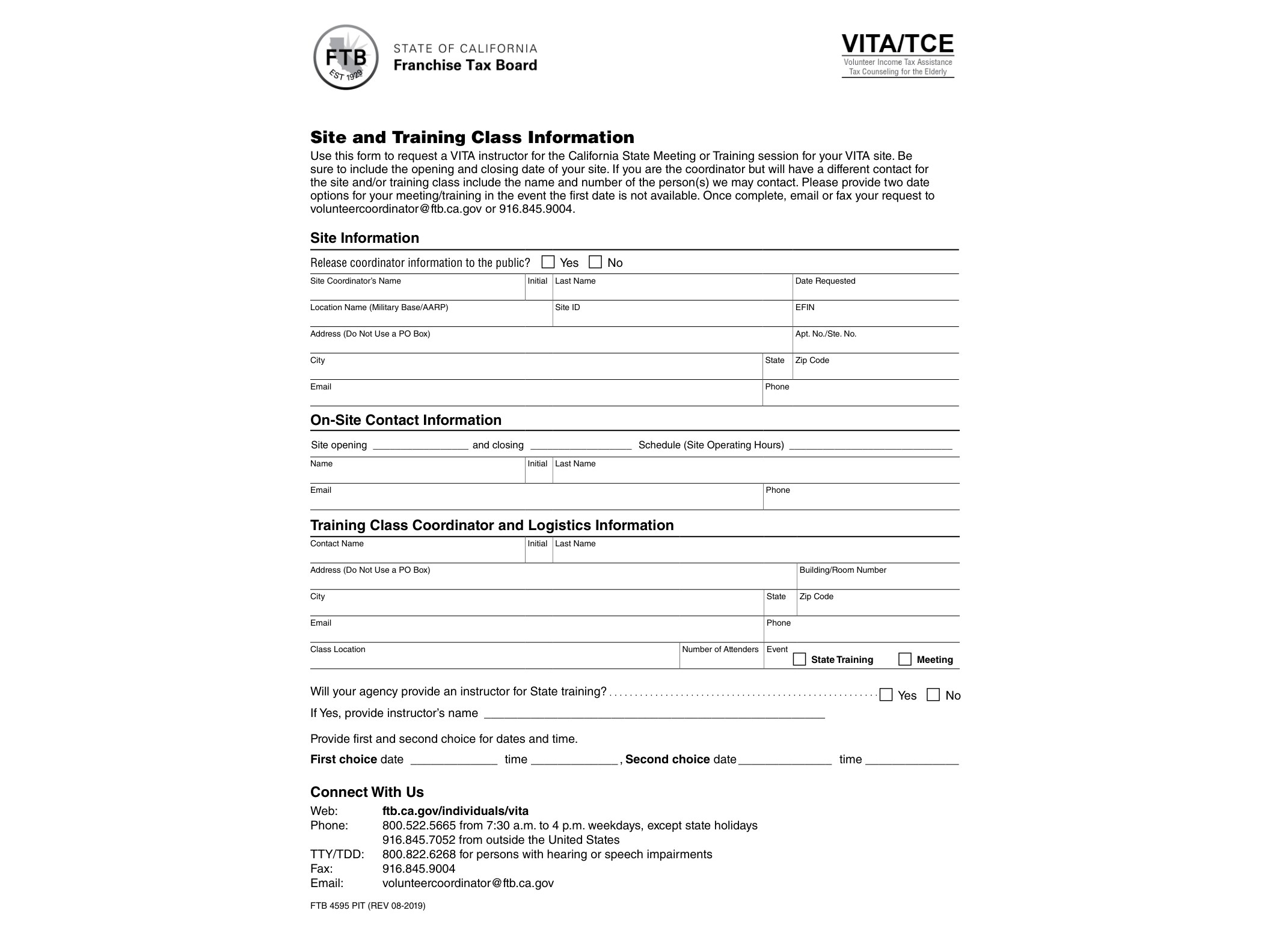 4595PIT FTB 4595 PIT SITE AND TRAINING CLASS INFORMATION - VITA/TCE [3552] - official form preview, page 1