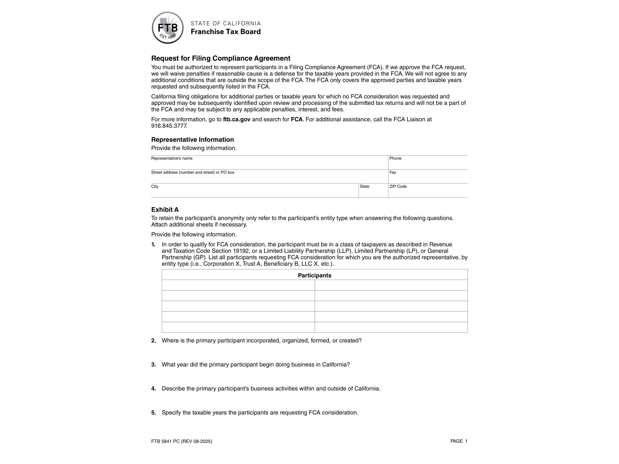 5841 2025 FTB 5841 PC Request for Filing Compliance Agreement - official form preview, page 1