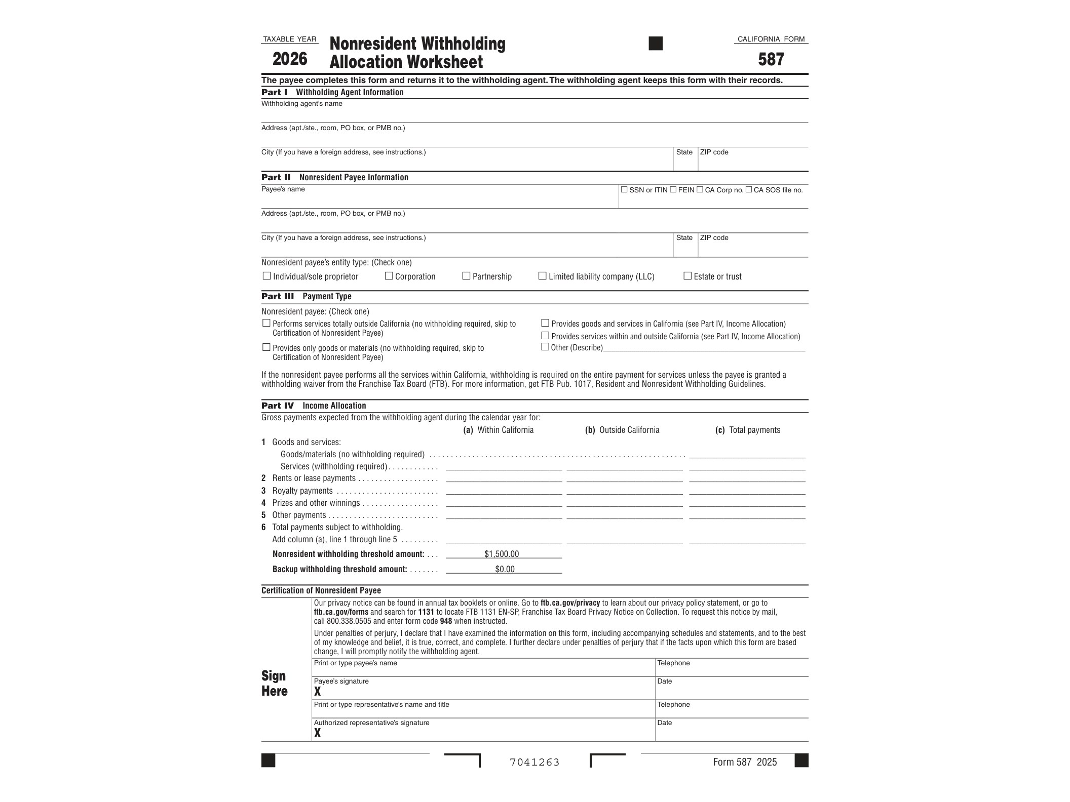587 2025 Form 587 Nonresident Withholding Allocation Worksheet - official form preview, page 1