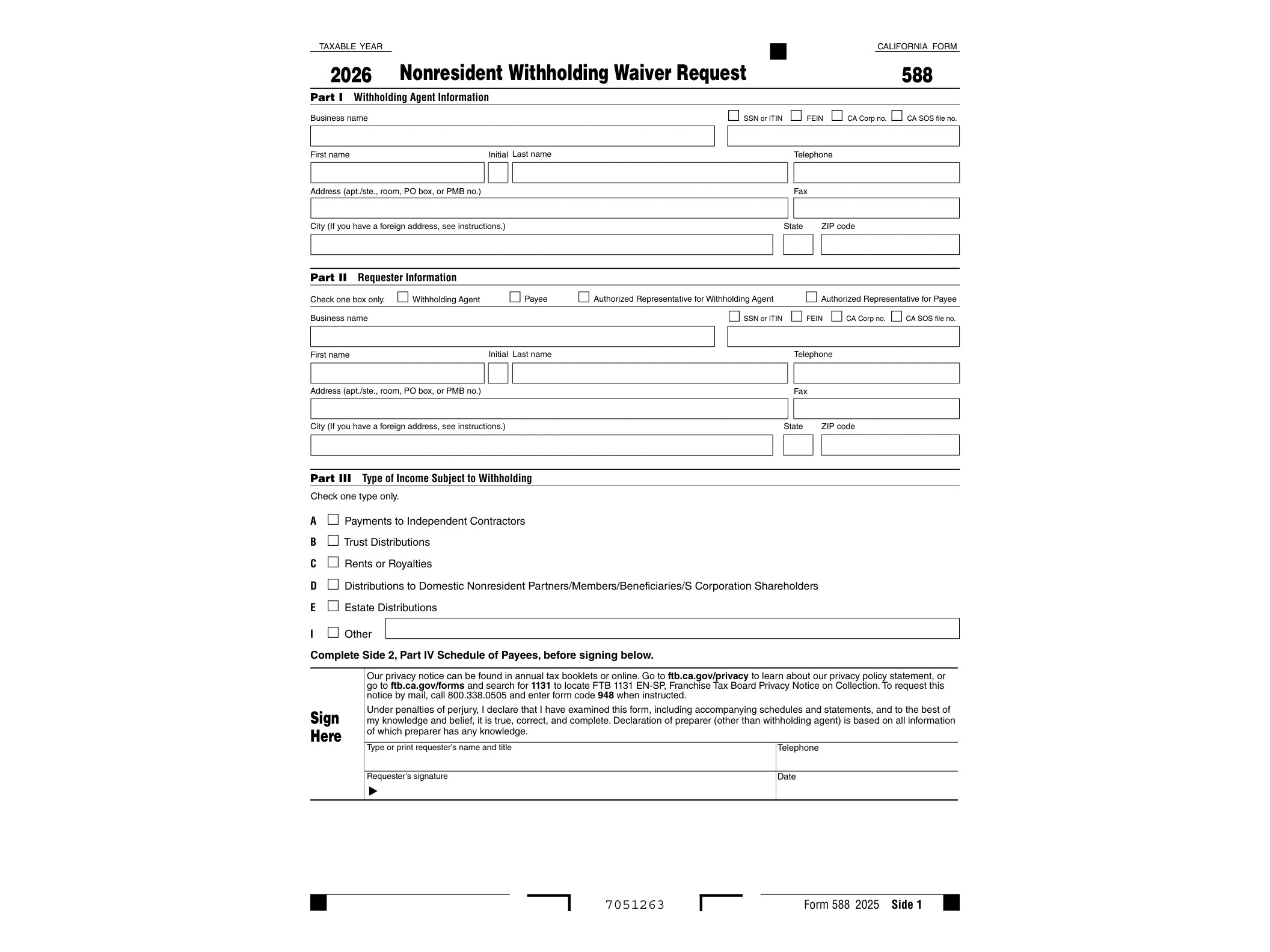 588 2025, Form 588 Nonresident Withholding Waiver Request - official form preview, page 1