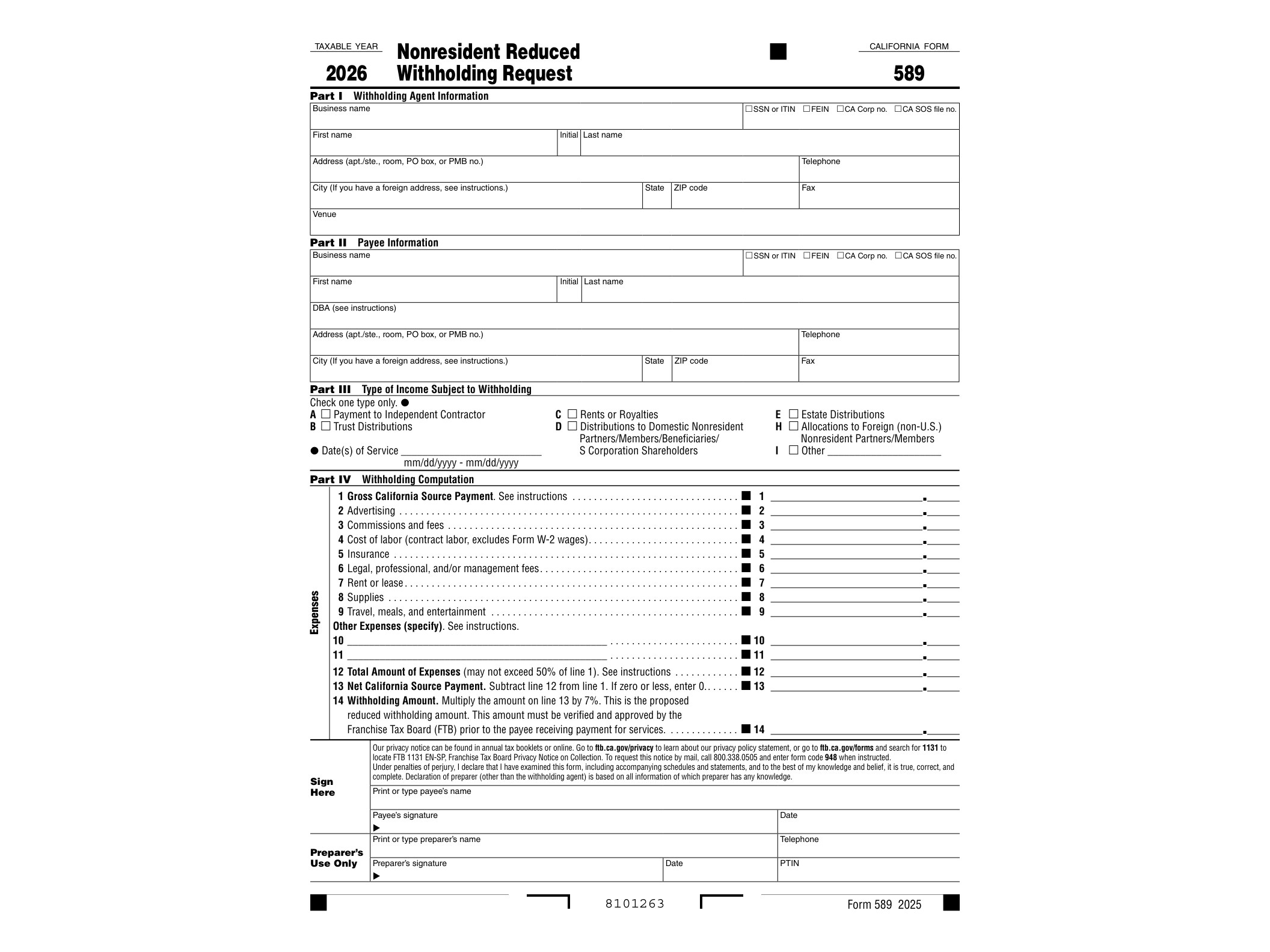 589 2026 California Form 589 Nonresident Reduced Withholding Request - official form preview, page 1
