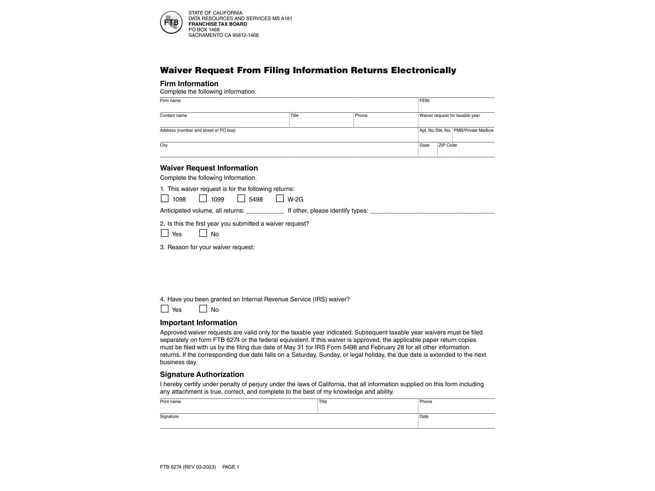 6274 FTB 6274 - Waiver Request From Filing Information Returns Electronically (REV 03-2023) - official form preview, page 1