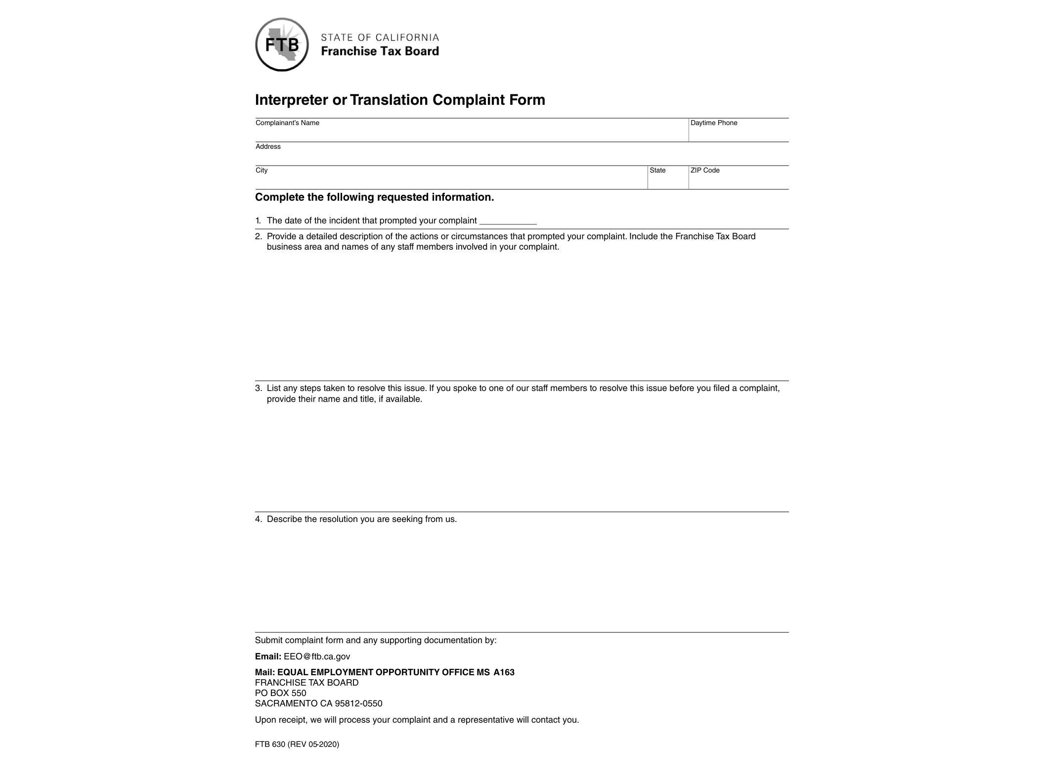 630 FTB 630 Interpreter or Translation Complaint Form - official form preview, page 1