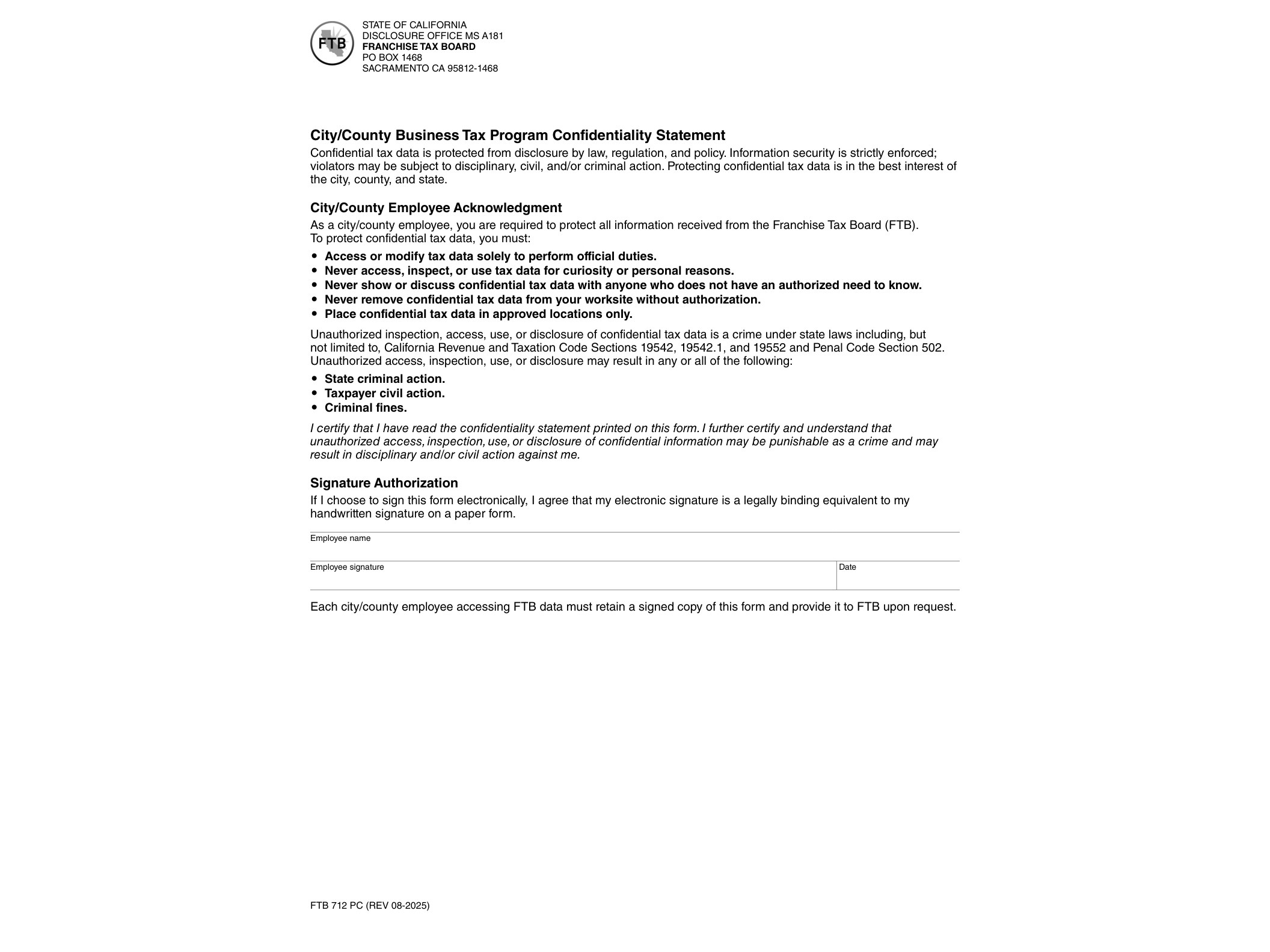 712 2025 FTB 712 City/County Business Tax Program Confidentiality Statement - official form preview, page 1