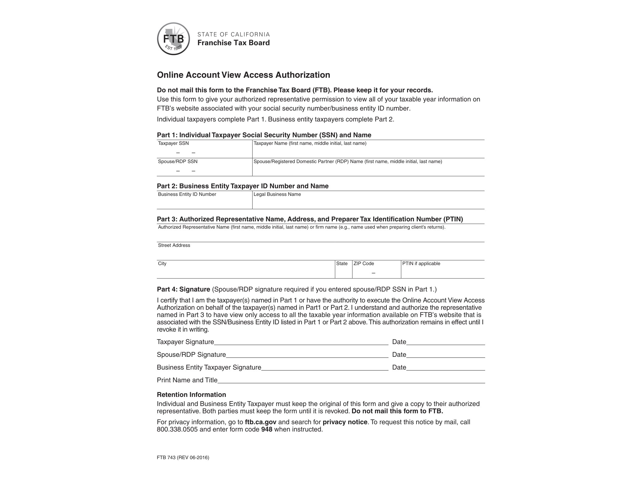 743 Form FTB 743 Online Account View Access Authorization (REV 06-2016) - official form preview, page 1
