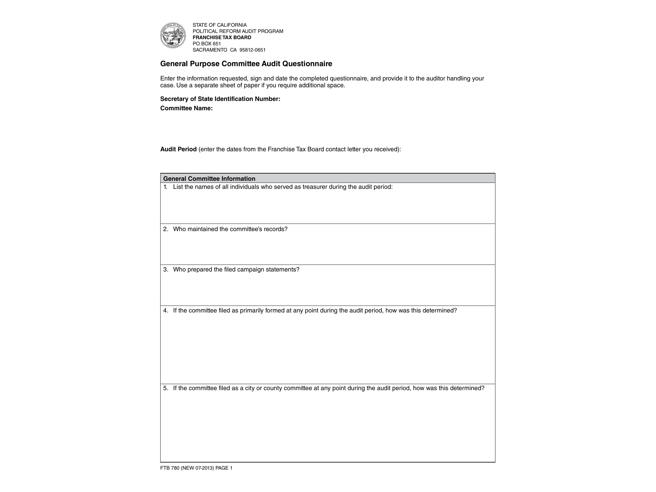 780 General Purpose Committee Audit Questionnaire - official form preview, page 1