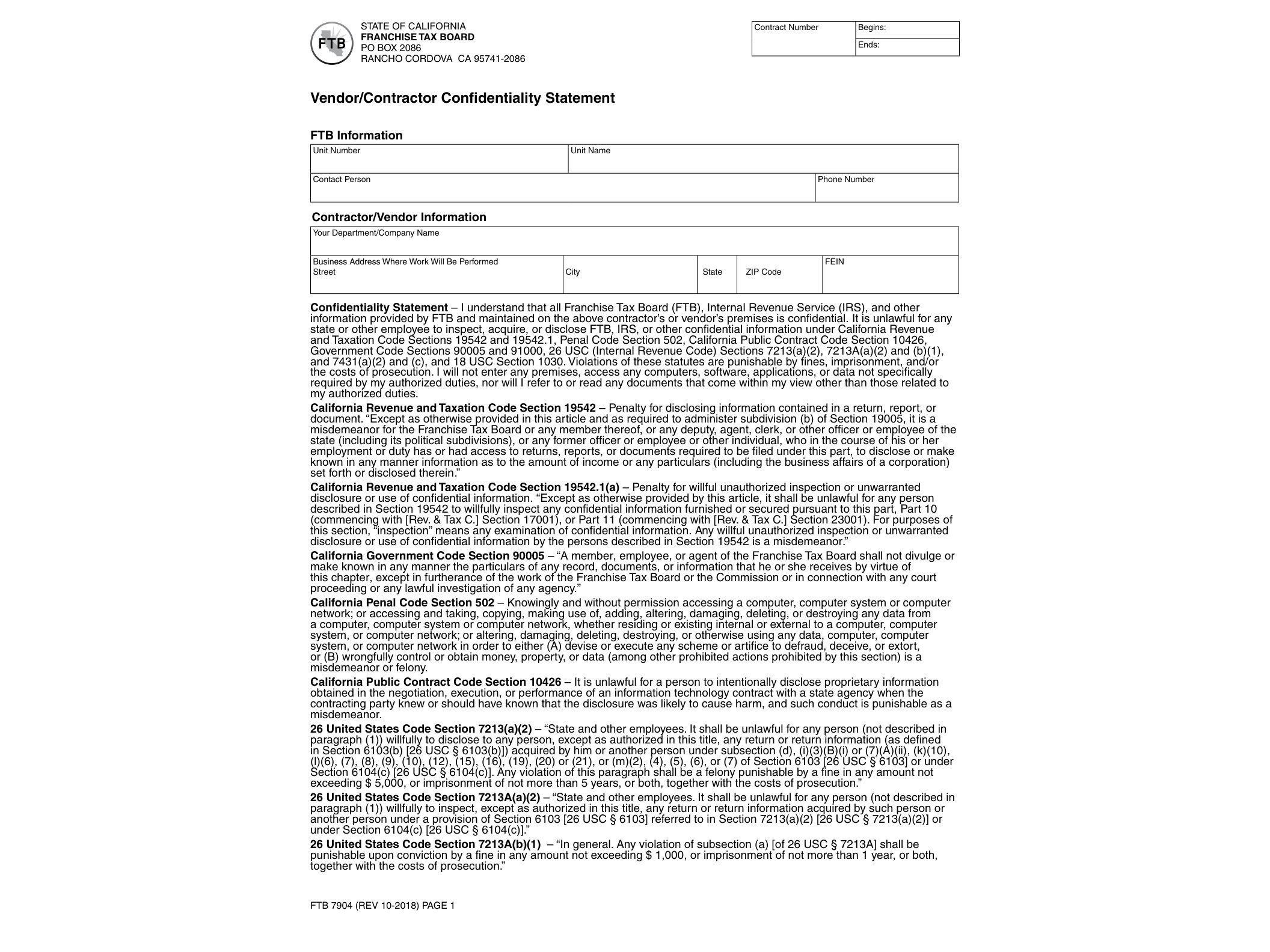 7904 F T B 7904 Vendor/Contractor Confidentiality Statement - official form preview, page 1