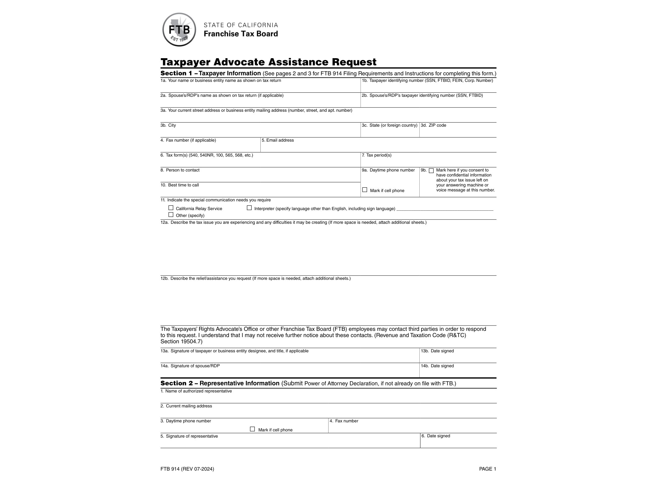 914 FTB 914 Taxpayer Advocate Assistance Request - official form preview, page 1
