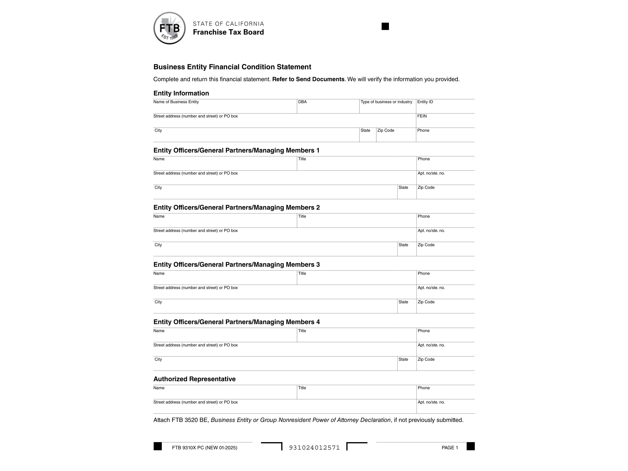 9310X FTB 9310X PC Business Entity Financial Condition Statement - official form preview, page 1