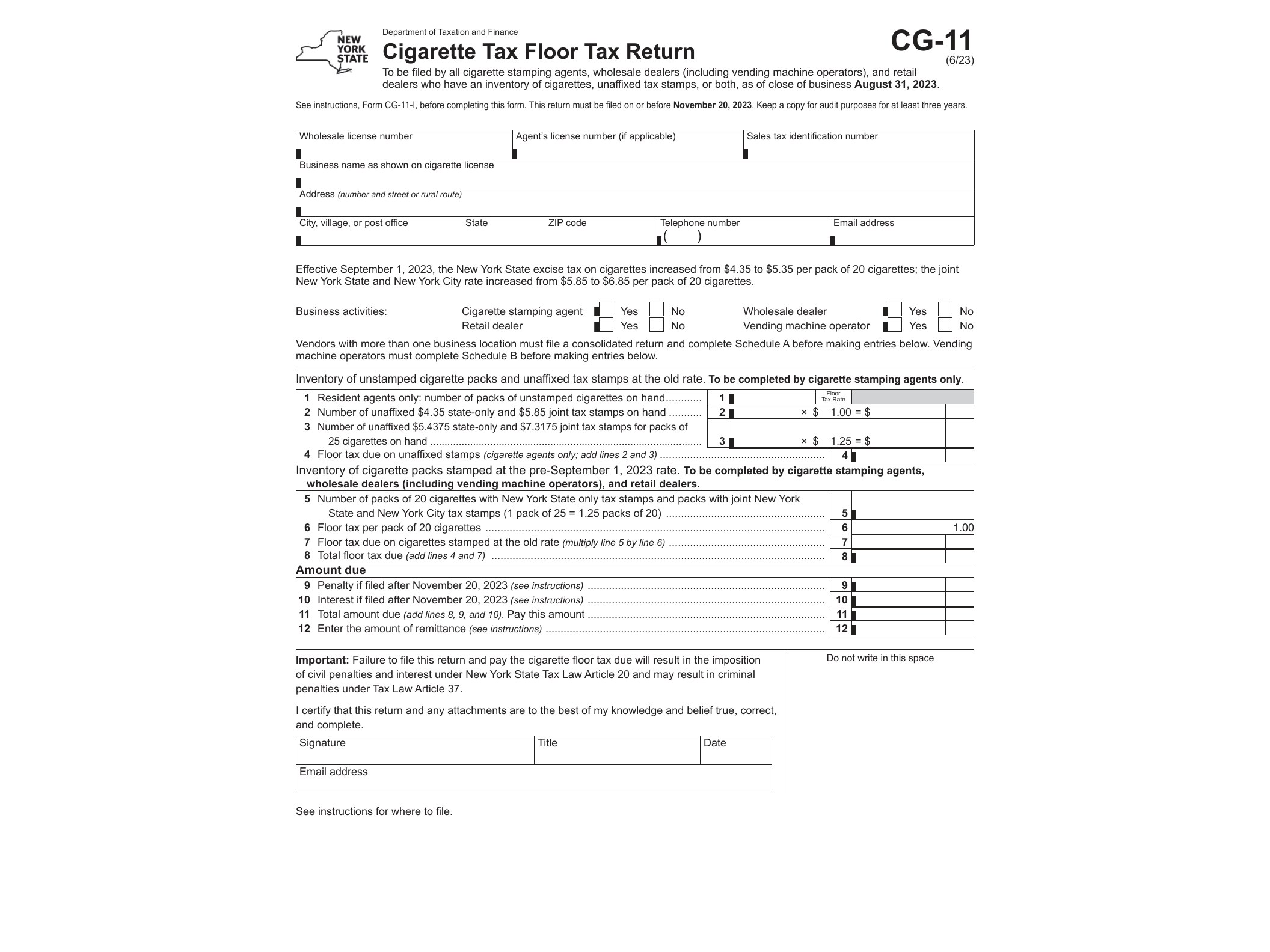 CG11 Form CG-11 Cigarette Tax Floor Tax Return Revised 6/23 - official form preview, page 1