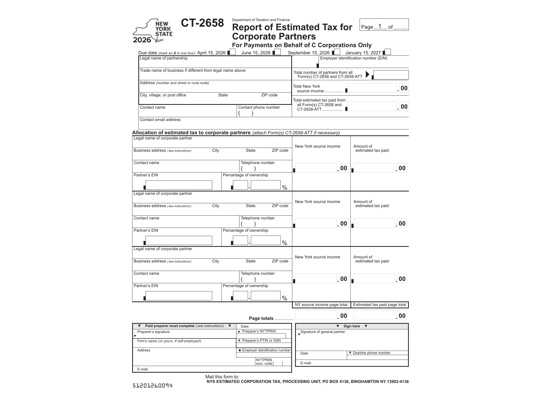 CT2658 Form CT-2658 Report of Estimated Tax for Corporate Partners Tax Year 2026 - official form preview, page 1