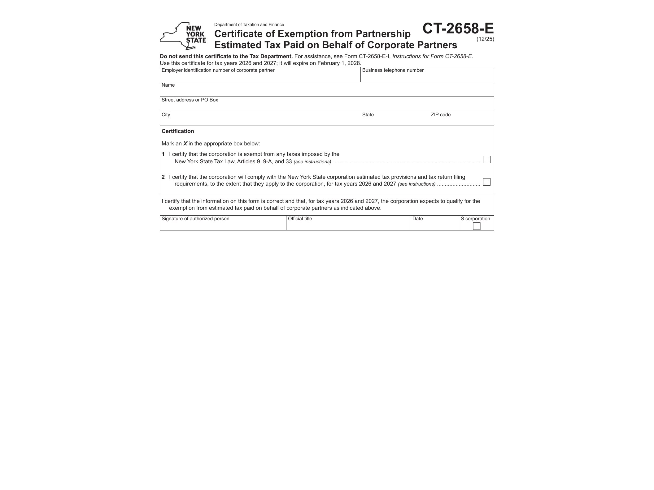 CT2658E Form CT-2658-E Certificate of Exemption from Partnership Estimated Tax Paid on Behalf of Corporate Partners Revised 12/25 - official form preview, page 1