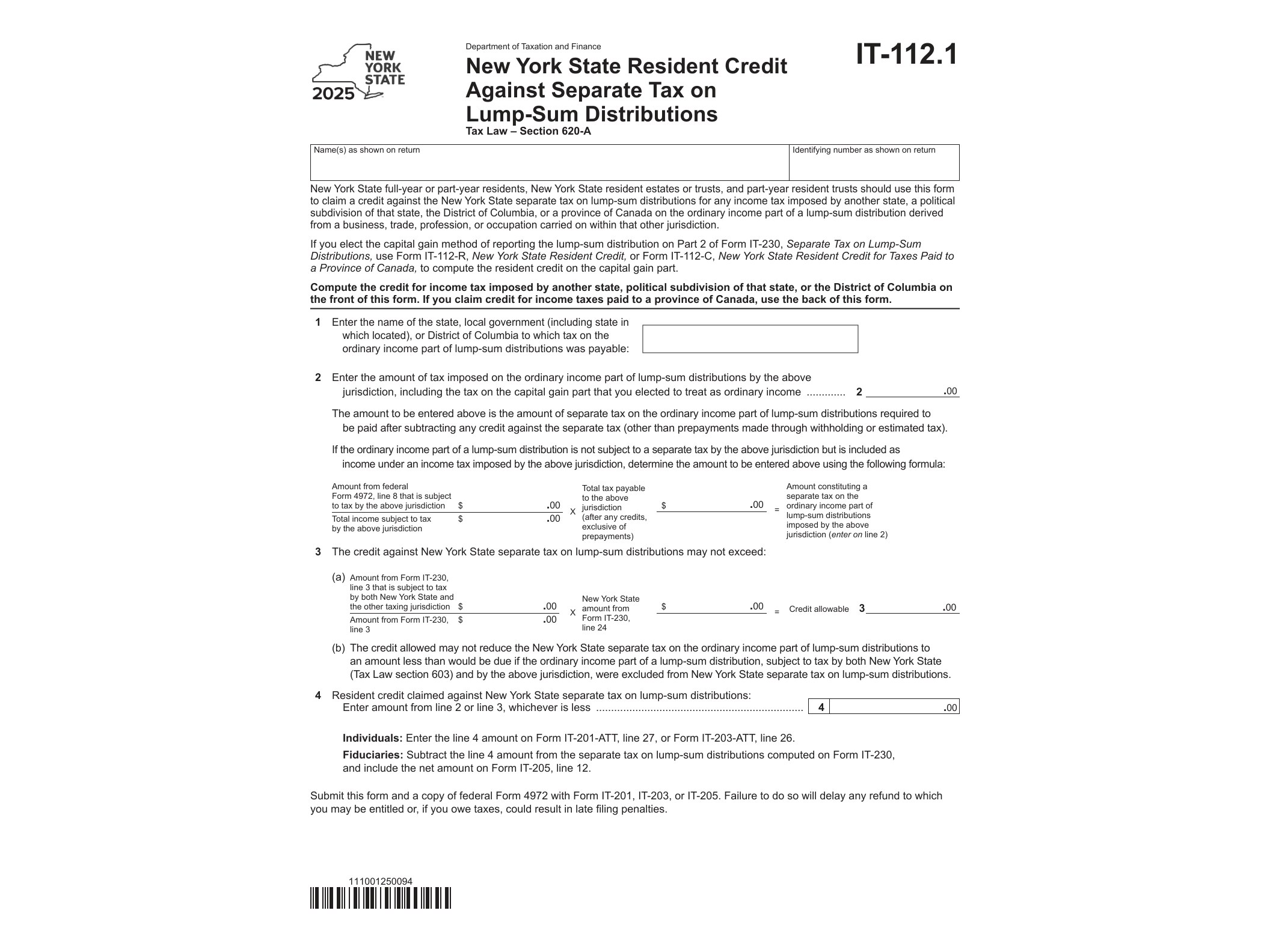 IT112 Form IT-112.1 New York State Resident Credit Against Separate Tax on Lump-Sum Distributions Tax Year 2025 - official form preview, page 1