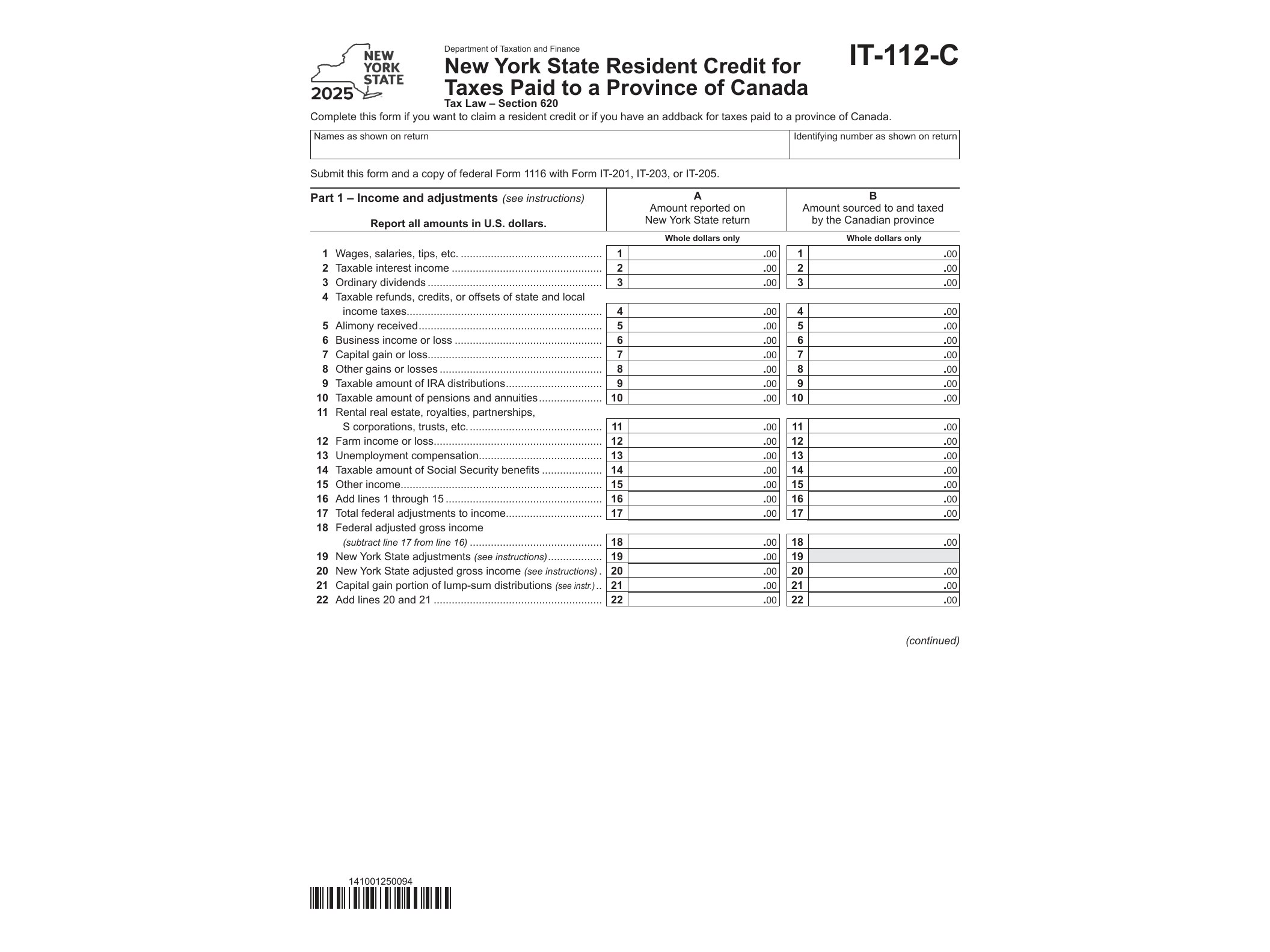 IT112C Form IT-112-C New York State Resident Credit for Taxes Paid to a Province of Canada Tax Year 2025 - official form preview, page 1