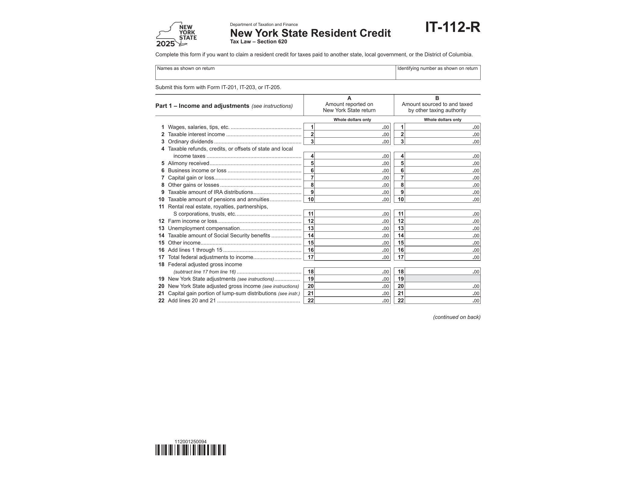 IT112R Form IT-112-R New York State Resident Credit Tax Year 2025 - official form preview, page 1