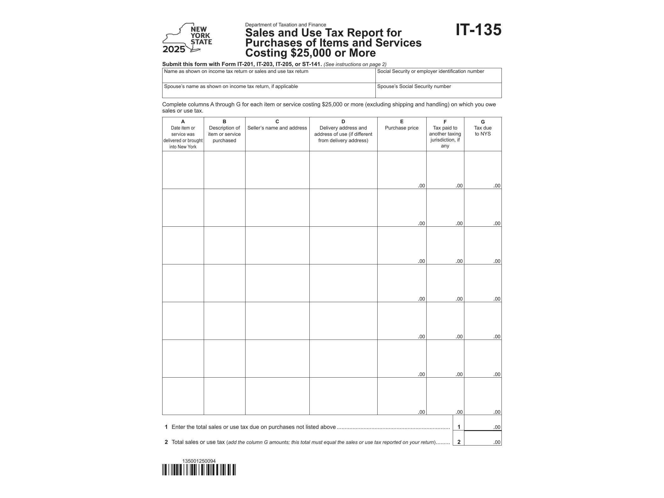 IT135 Form IT-135 Sales and Use Tax Report For Purchases of Items and Services Costing $25,000 or More Tax Year 2025 - official form preview, page 1