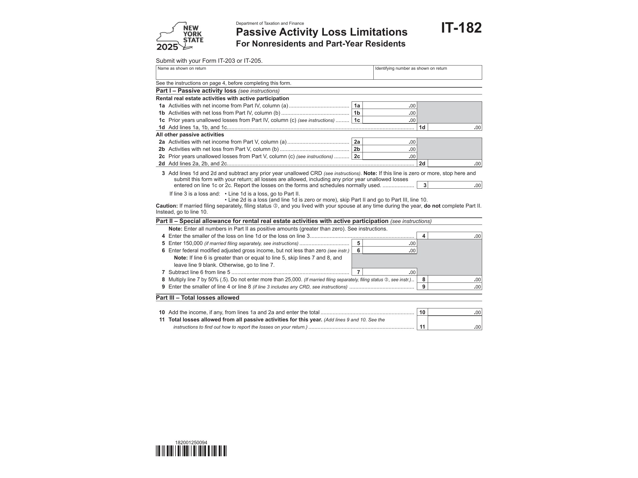 IT182 Form IT-182 Passive Activity Loss Limitations Tax Year 2025 - official form preview, page 1