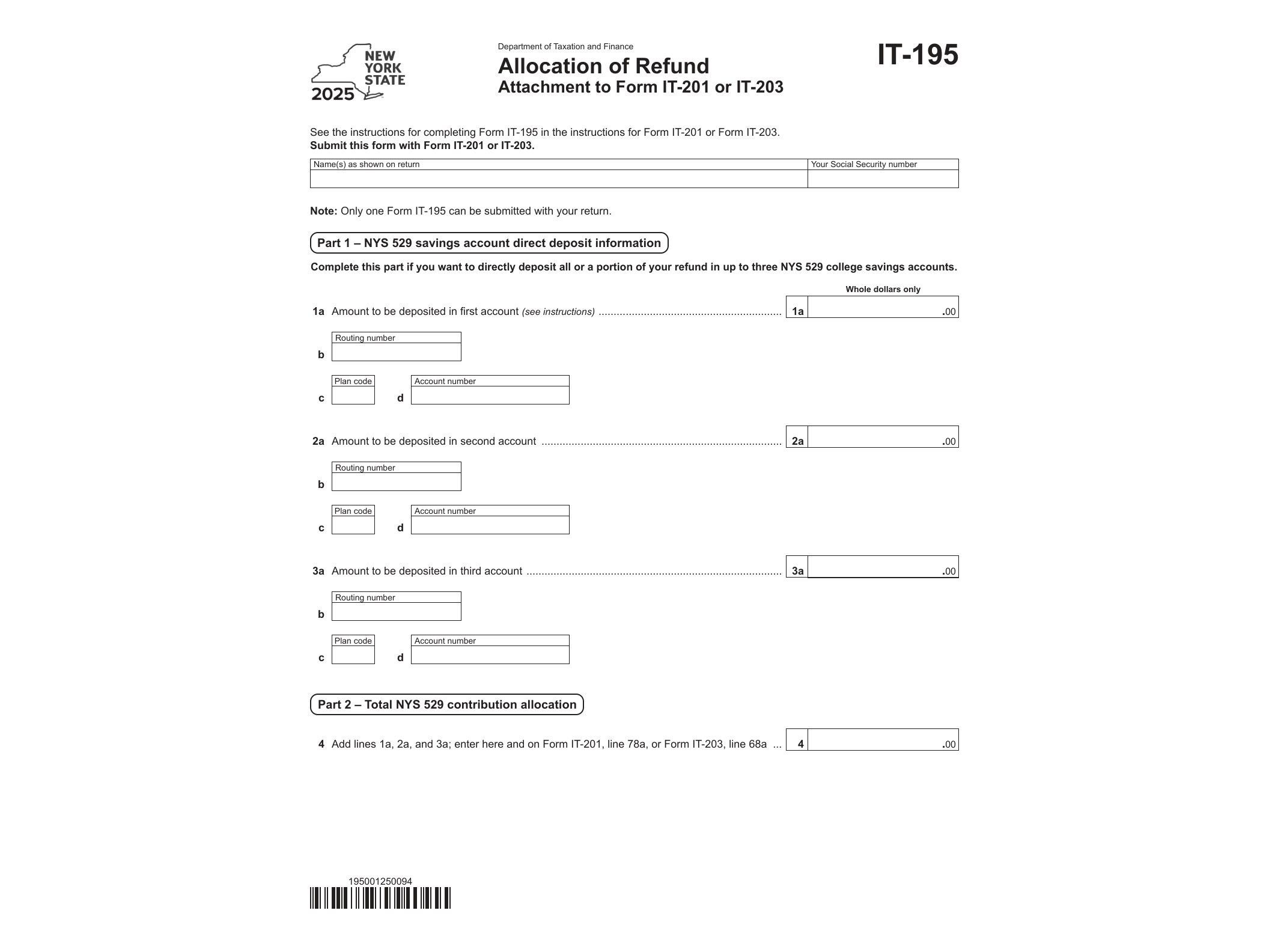 IT195 Form IT-195 Allocation of Refund Tax Year 2025 - official form preview, page 1