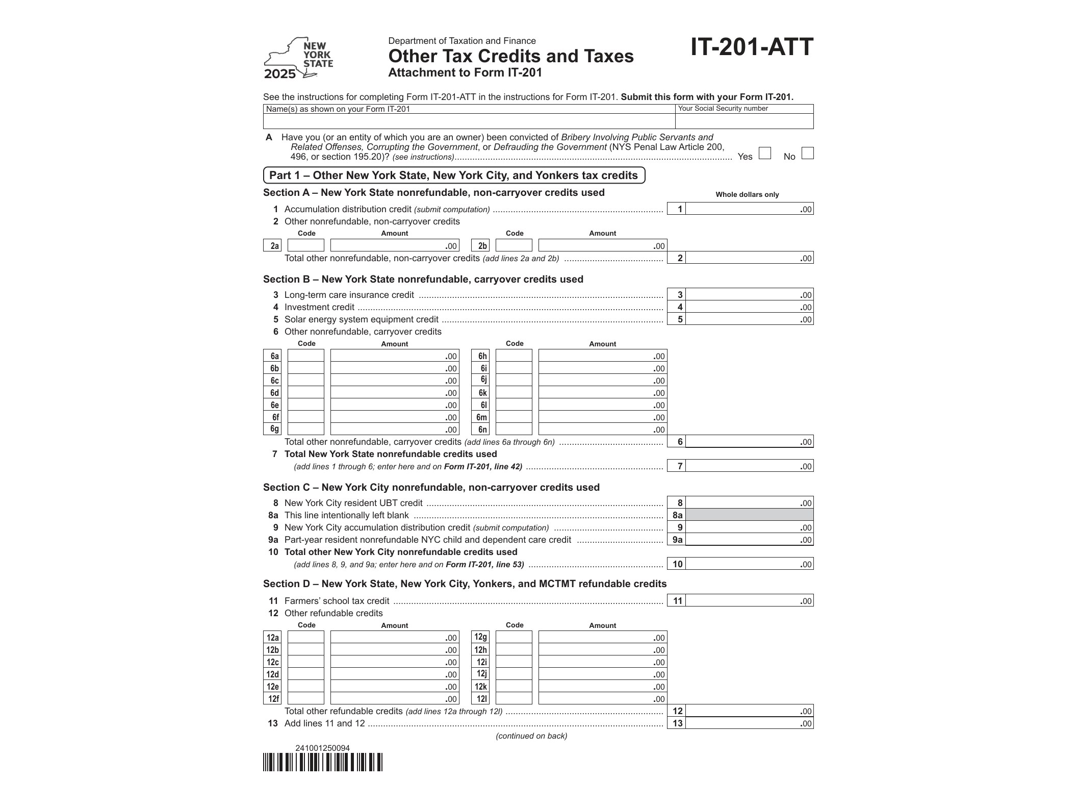 IT201ATT Form IT-201-ATT Other Tax Credits and Taxes: Attachment to Form IT-201 Tax Year 2025 - official form preview, page 1