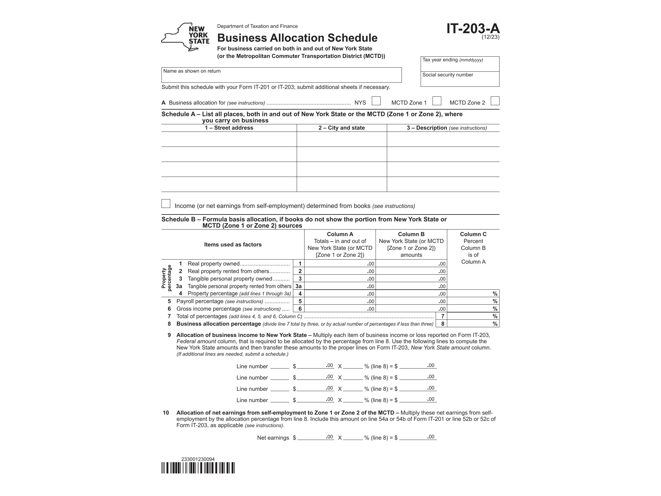 IT203A Form IT-203-A Nonresident Business Allocation Schedule Revised 12/23 - official form preview, page 1