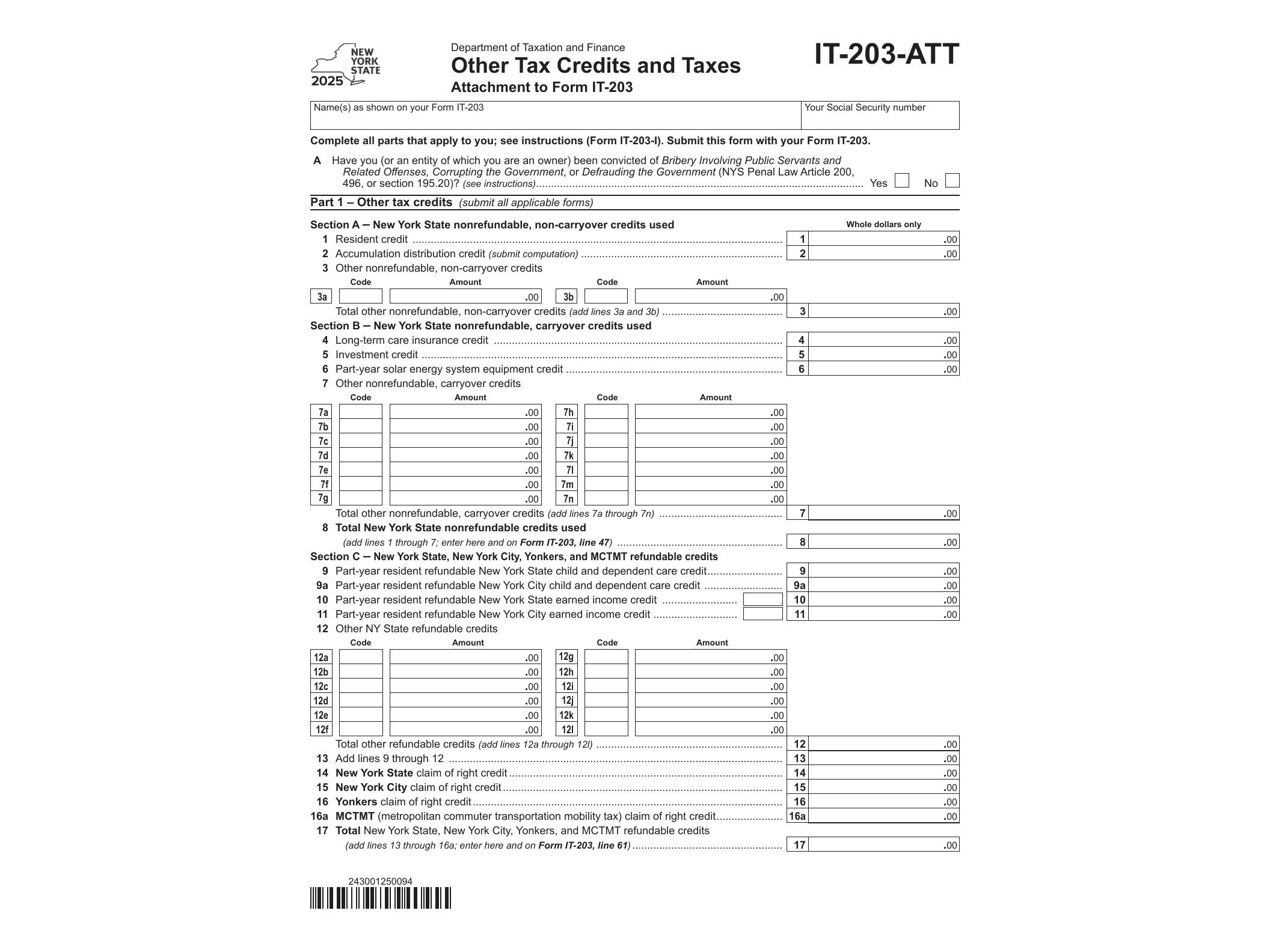 IT203ATT Form IT-203-ATT Other Tax Credits and Taxes Tax Year 2025 - official form preview, page 1