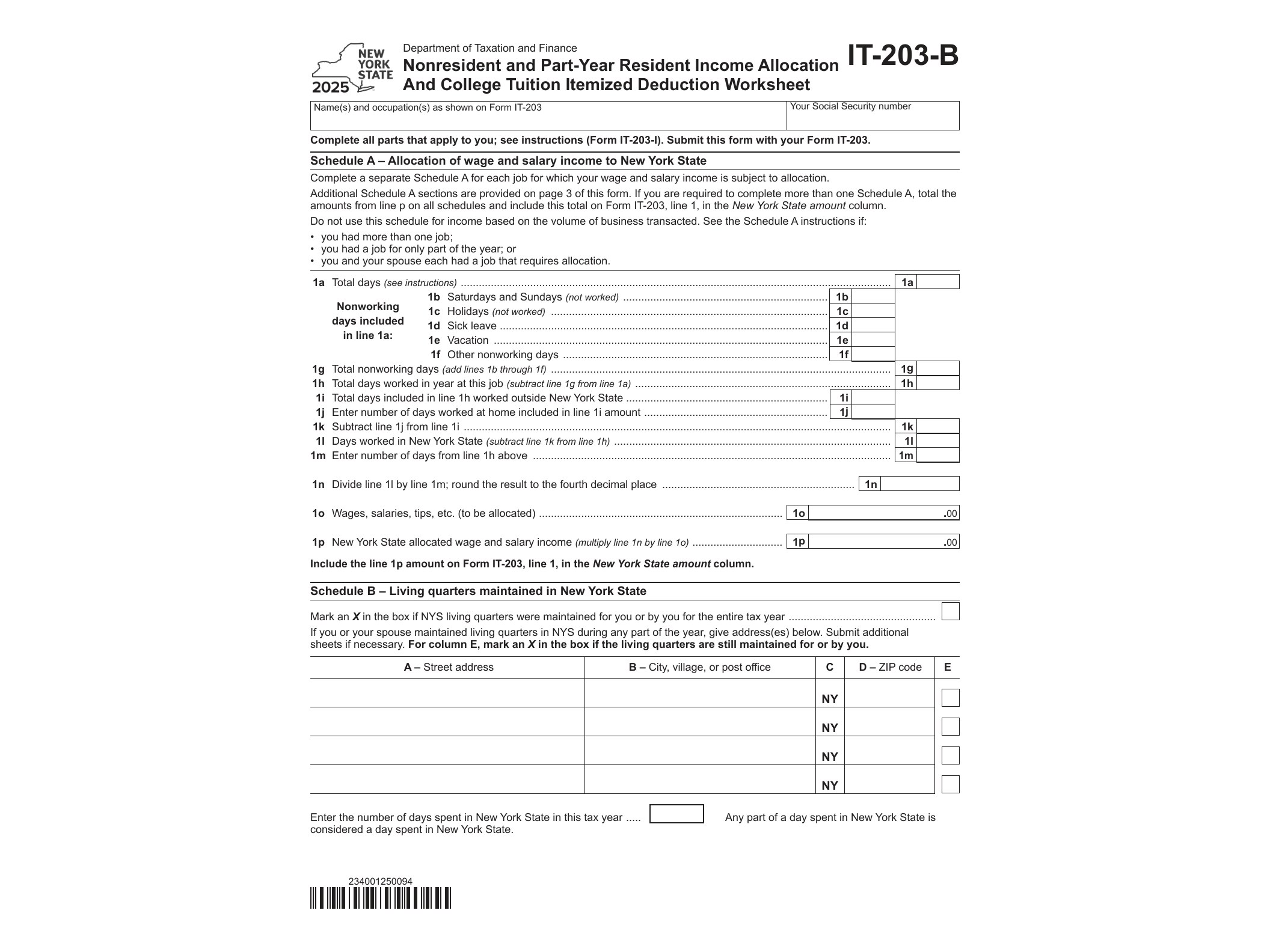 IT203B Form IT-203-B Nonresident and Part-Year Resident Income Allocation and College Tuition Itemized Deduction Worksheet Tax Year 2025 - official form preview, page 1