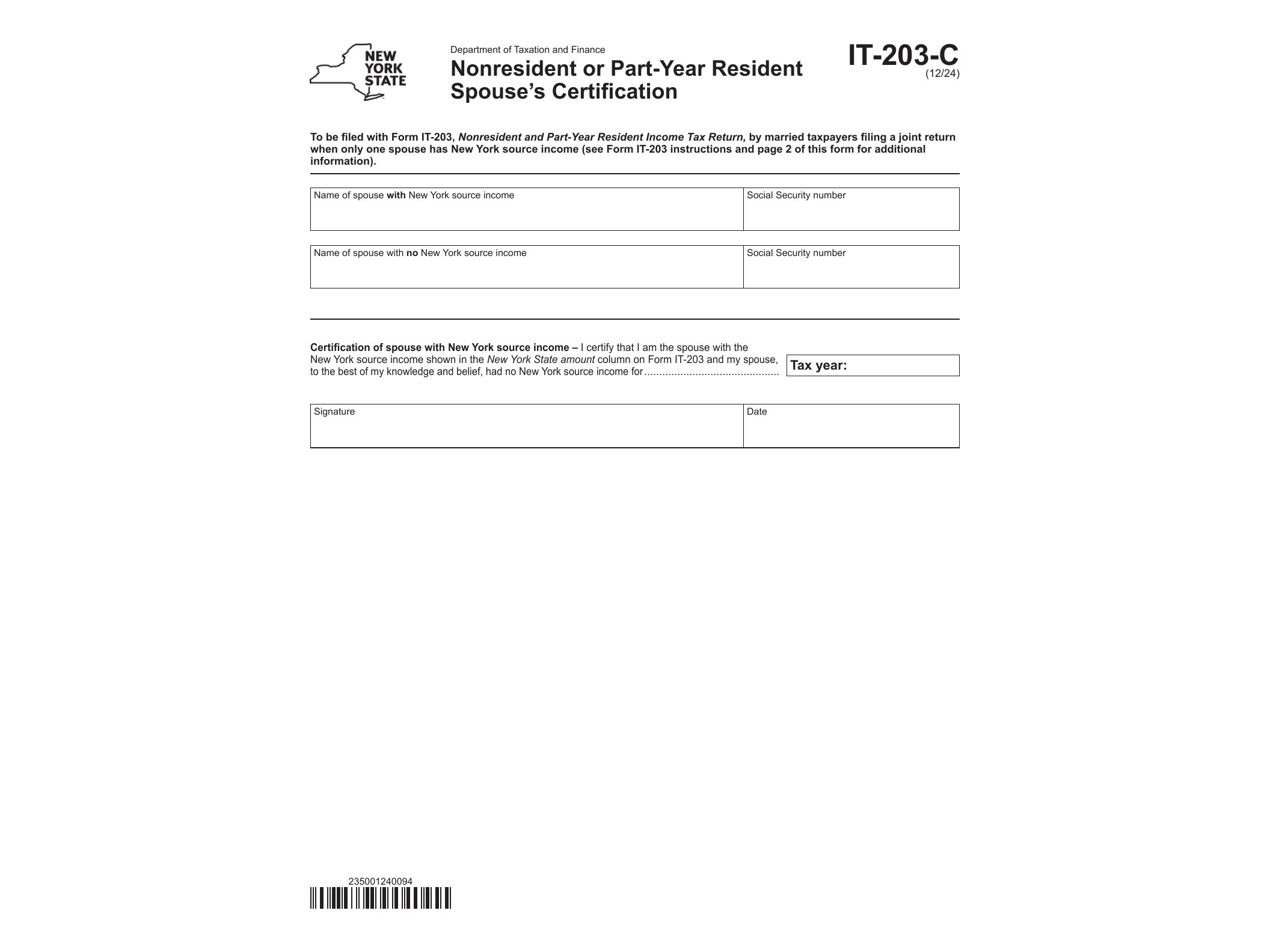 IT203C Form IT-203-C Nonresident or Part-Year Resident Spouse's Certification Revised 12/24 - official form preview, page 1