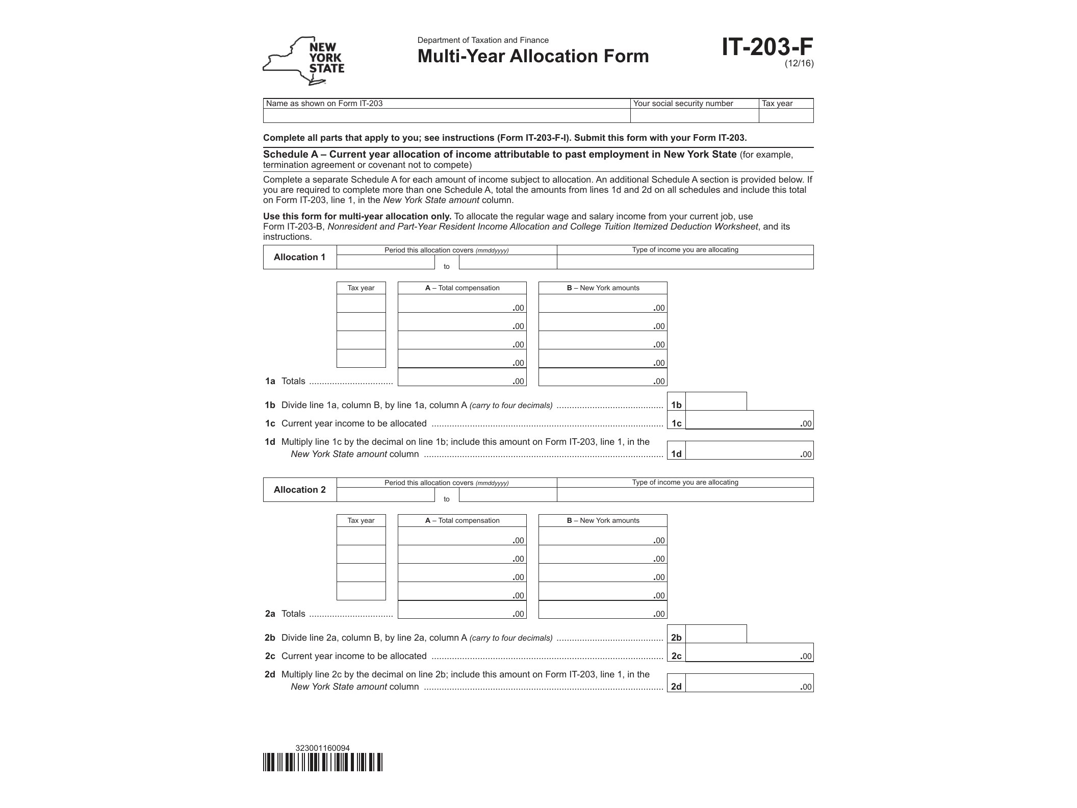 IT203F Form IT-203-F:12/16:Multi-Year Allocation Form:it203f - official form preview, page 1