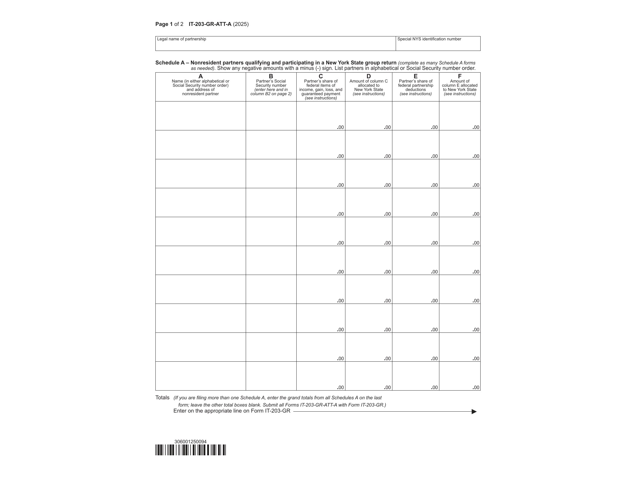 IT203GR Form IT-203-GR-ATT-A Schedule A - New York State Group Return for Nonresident Partners Tax Year 2025 - official form preview, page 1